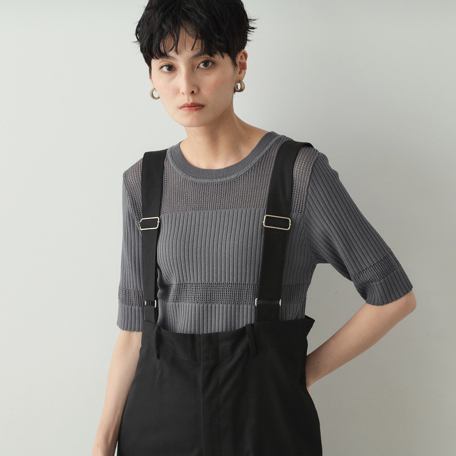 OPAQUE.CLIP「メッシュ&times;リブニット【洗濯機洗い可/抗ピル】」|ニット・セーター|チャコールグレー(0