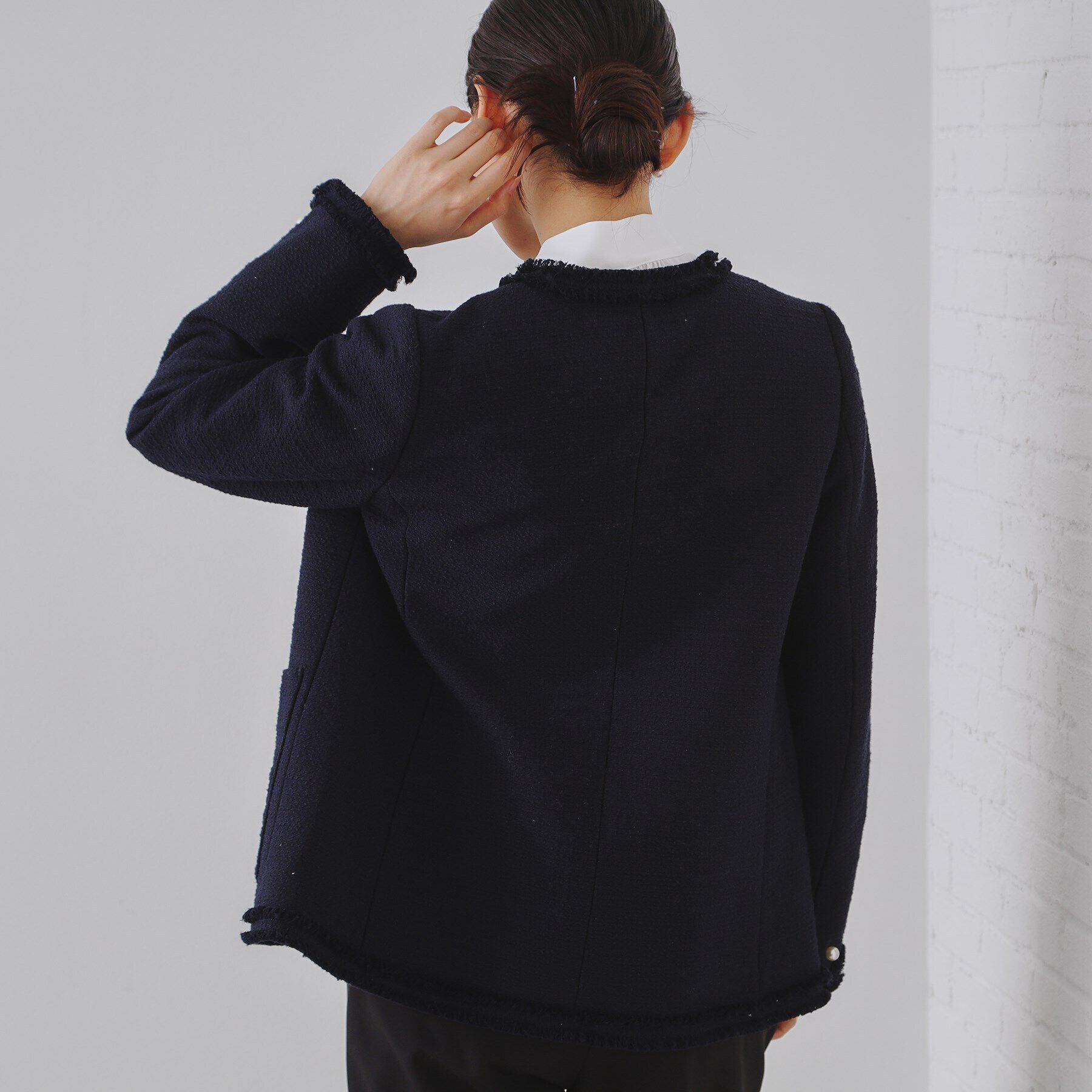 OPAQUE.CLIP「《通勤・セレモニー対応》コットンツイードミドルジャケット」|ノーカラージャケット|