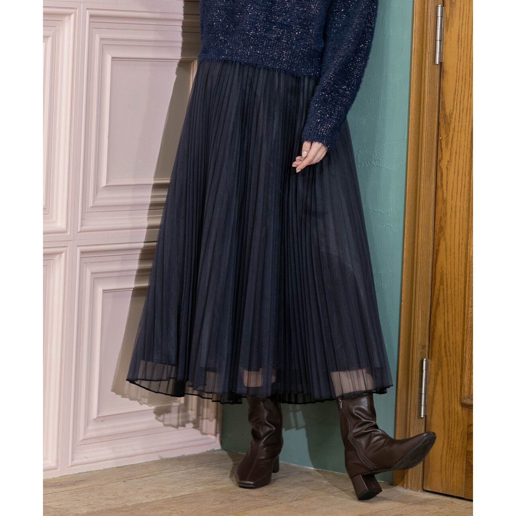 OPAQUE.CLIP「《通勤・セレモニー対応》チュールプリーツフレアスカート【洗濯機洗い可】」|スカート|