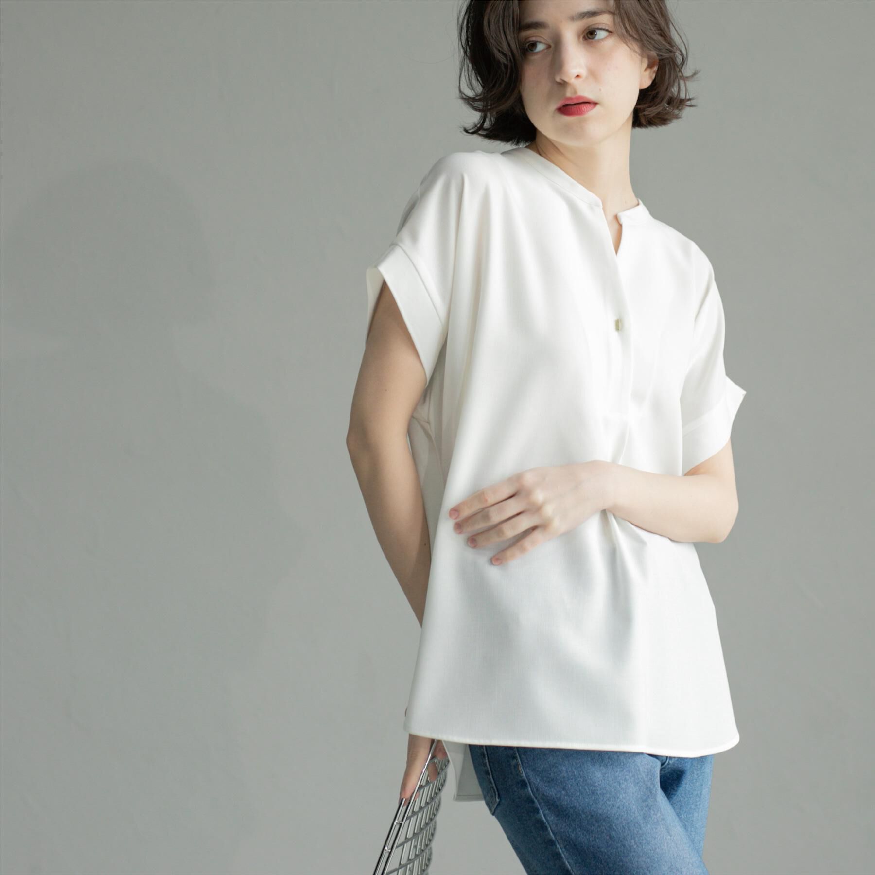 OPAQUE.CLIP「《7色展開/SS-LLサイズ》ストレッチスキッパーブラウス/セットアップ対応【洗濯機洗い可/防シワ】」|シャツ・ブラウス|ホワイト(001)