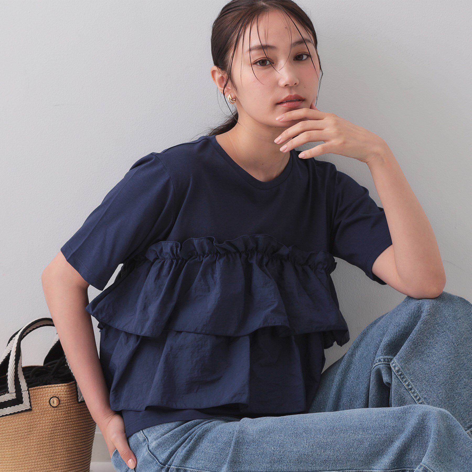 OPAQUE.CLIP「ダブルフリルデザイントップス【洗濯機洗い可】」|Tシャツ・カットソー|ネイビー(094)