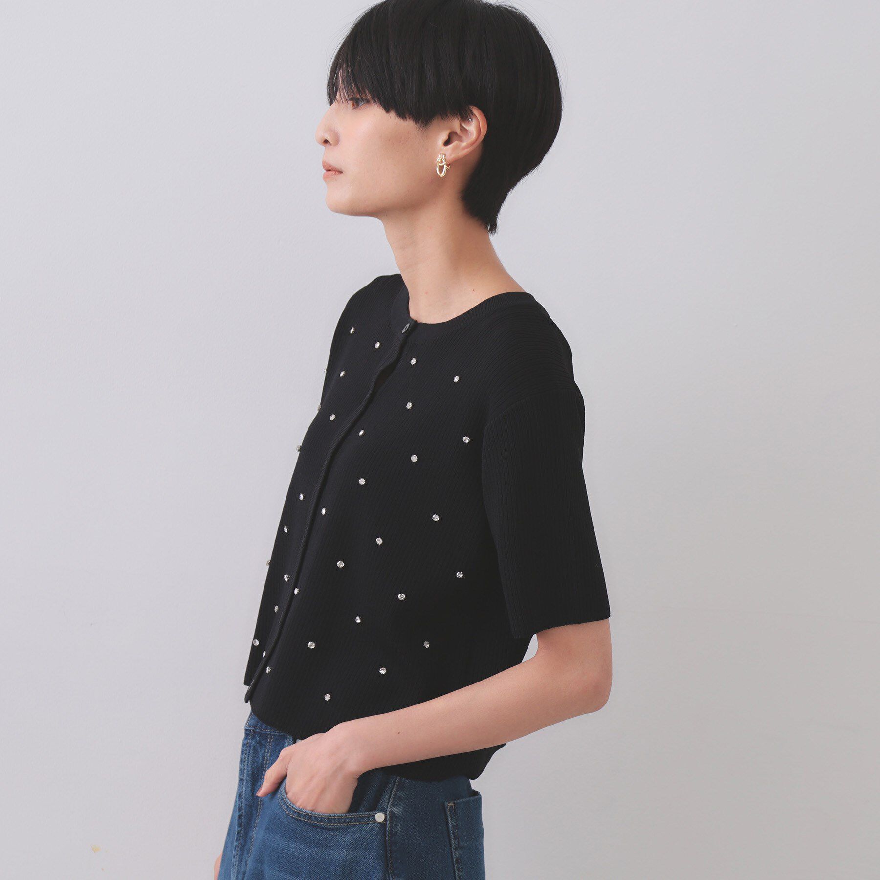 OPAQUE.CLIP「フロントビジューリブニットカーディガン【洗濯機洗い可/抗ピル】」|カーディガン|