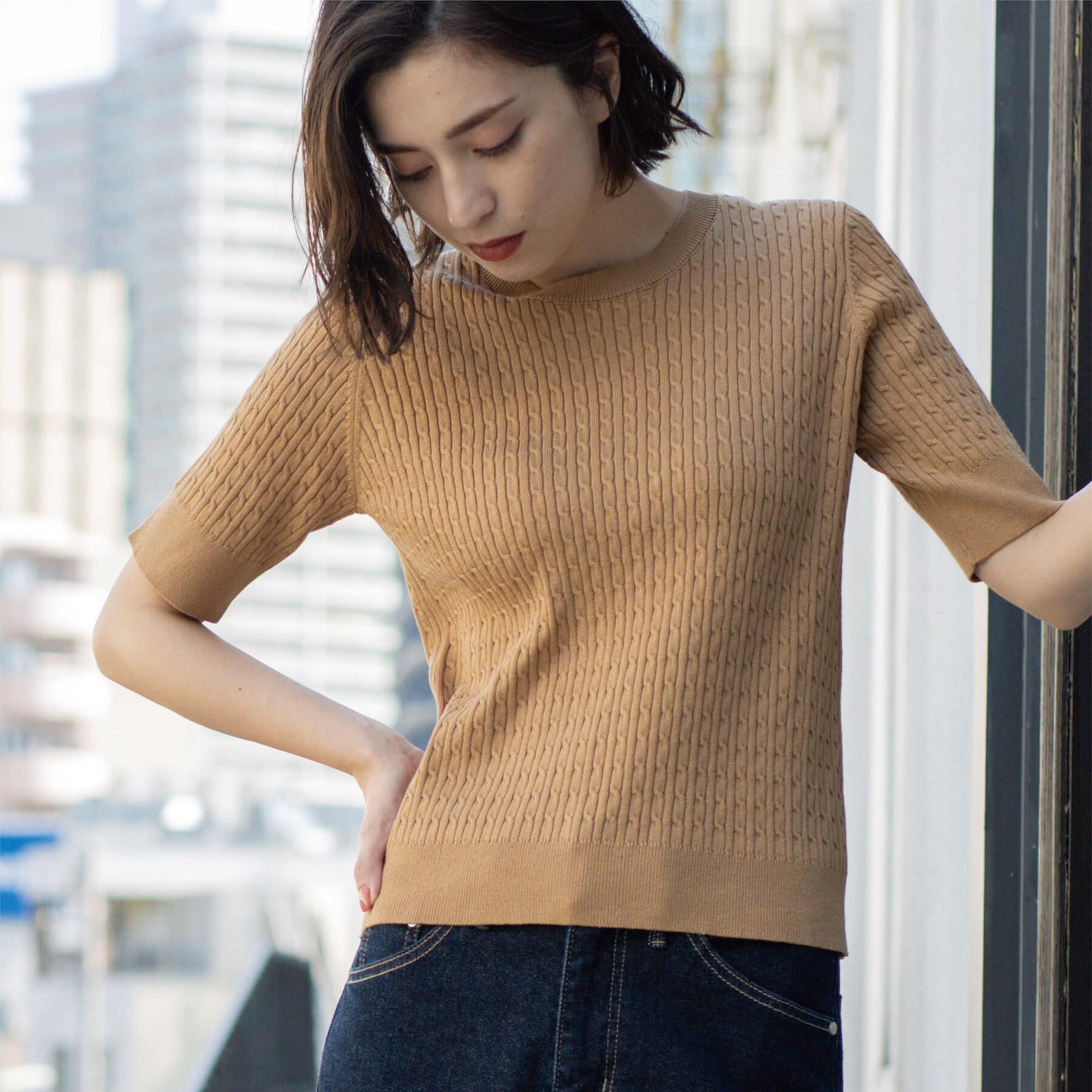 OPAQUE.CLIP「ケーブルハーフスリーブニット【UVケア/洗濯機OK】《6col/S～LL》」|ニット・セーター|