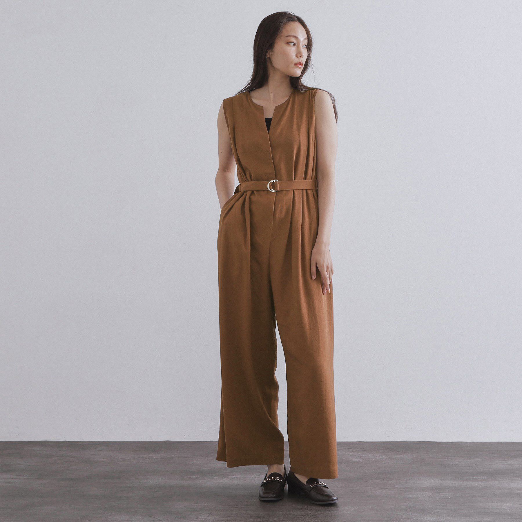 OPAQUE.CLIP「《Can Cam掲載》麻混ベルト付きオールインワン【洗濯機洗い可】」|オールインワン|ブラウン(043)