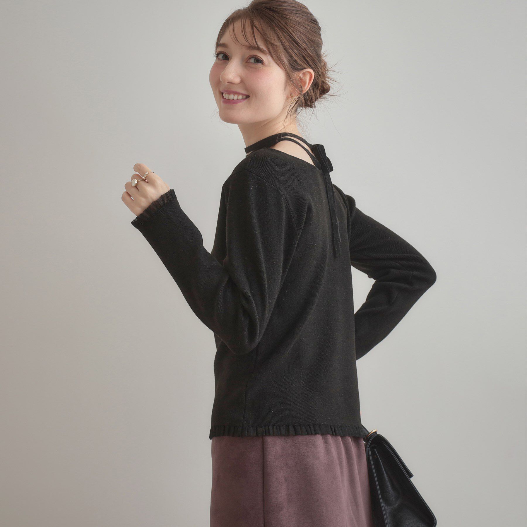 Couture broach「【大人可愛い・リボン取り外し可】前後2WAYラメリブ シアープチフリルニット」|ニット・セーター|