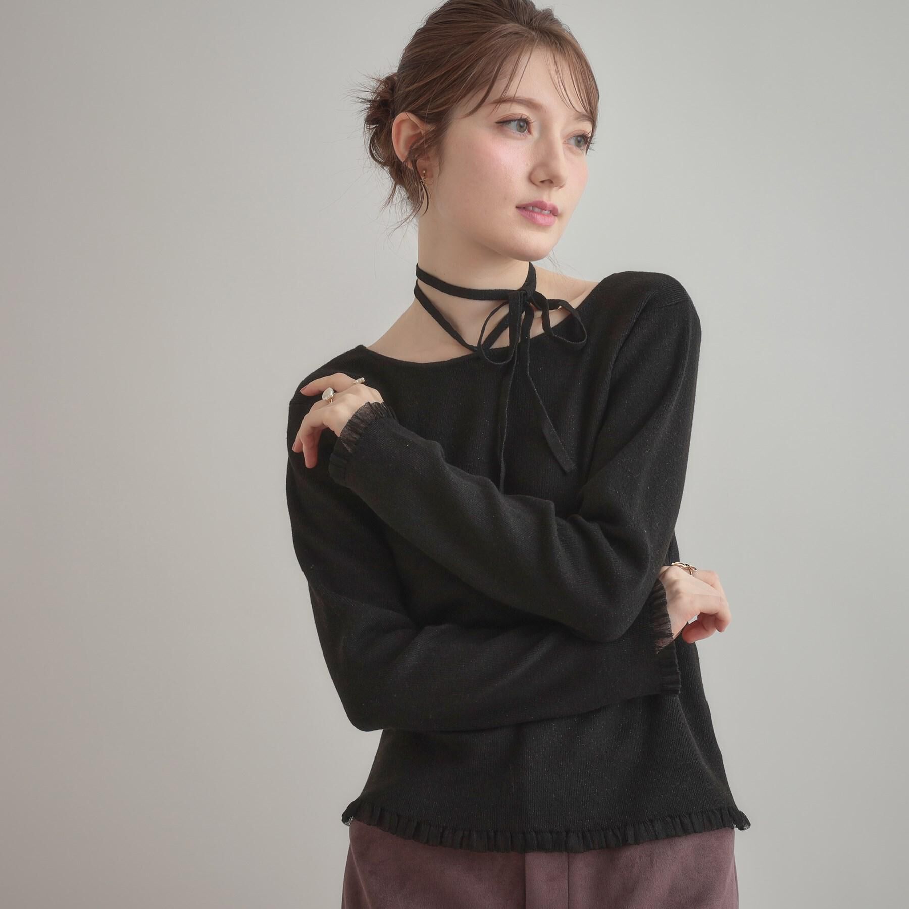 Couture broach「【大人可愛い・リボン取り外し可】前後2WAYラメリブ シアープチフリルニット」|ニット・セーター|