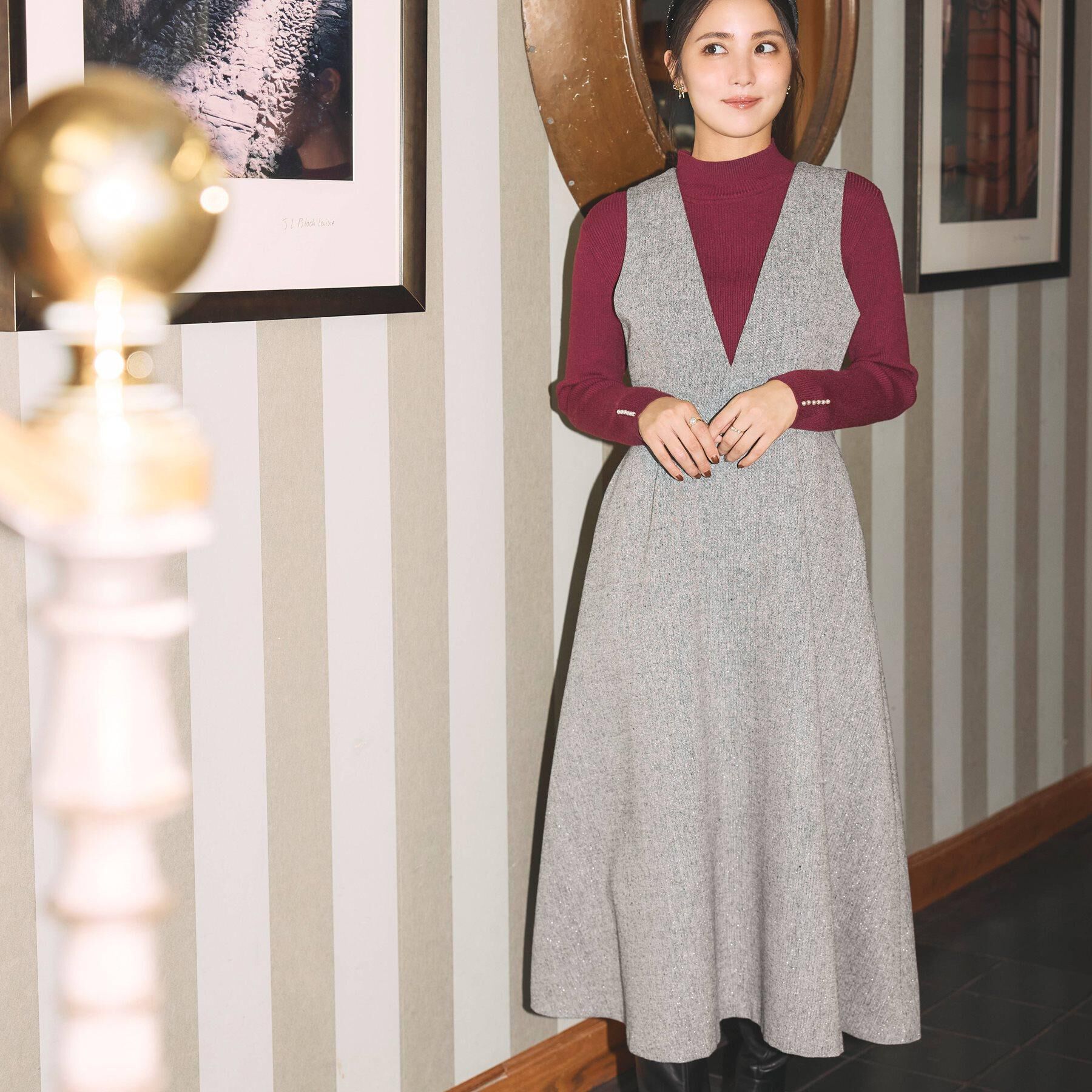 Couture broach「【通勤・大人上品】ラメツイード ジャンパースカート」|ワンピース|