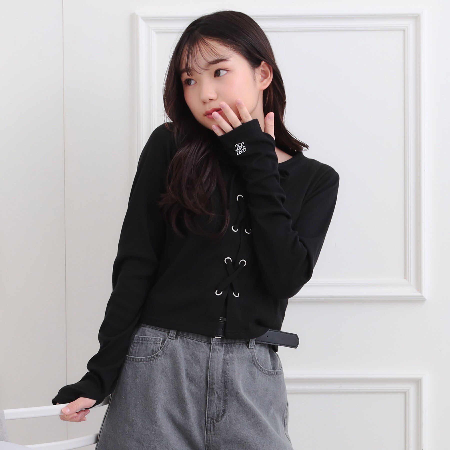 PINK-latte「レースアップテレコプルオーバー」|Tシャツ・カットソー|ブラック(019)