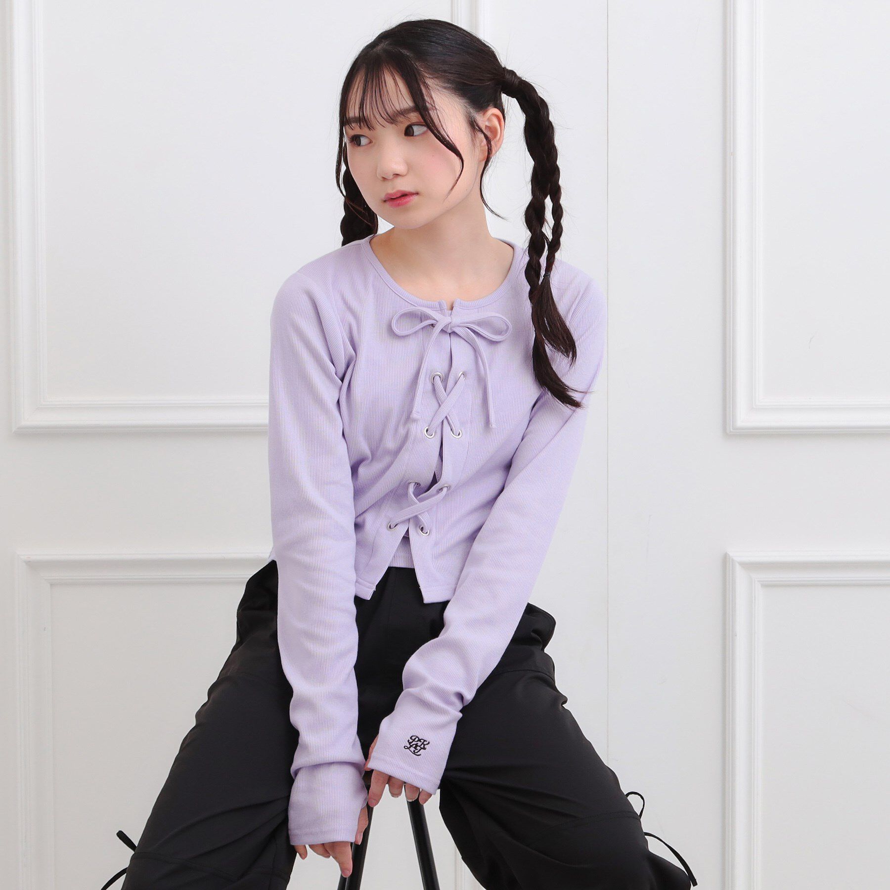 PINK-latte「レースアップテレコプルオーバー」|Tシャツ・カットソー|ラベンダー(080)