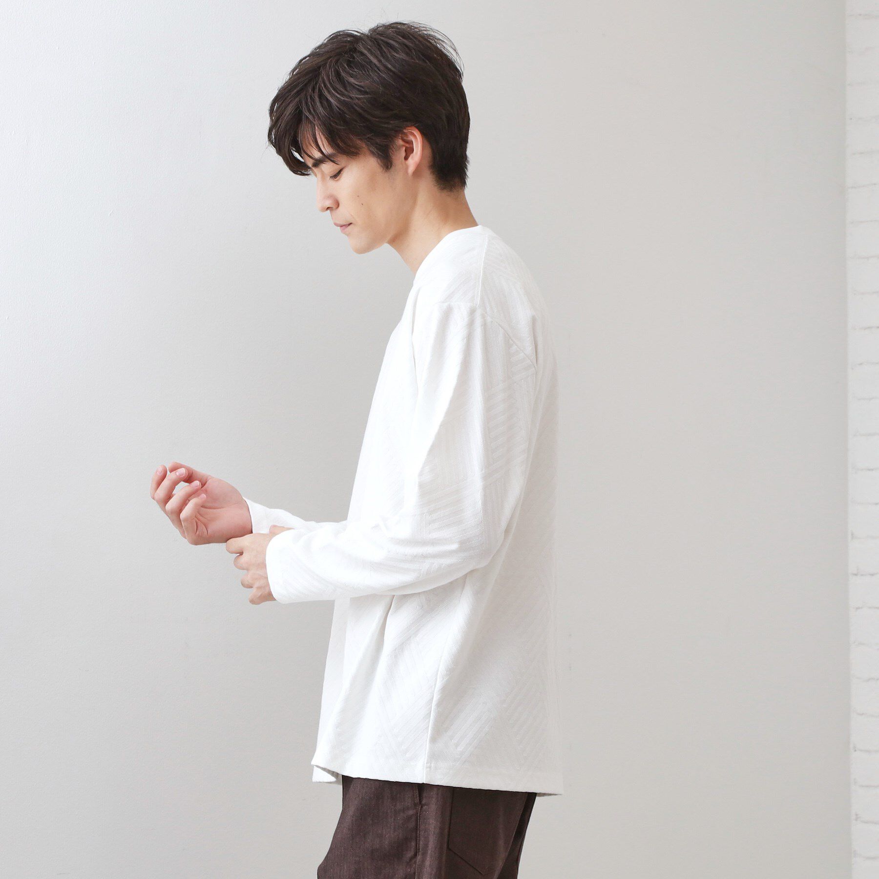 THE SHOP TK「リンクスジャカード長袖Tシャツ【サスティナブル素材使用/洗濯機OK】」|Tシャツ・カットソー|