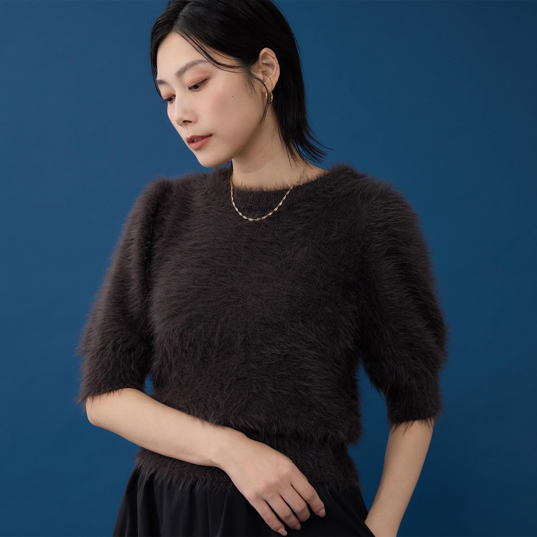 THE SHOP TK「【大人の魅力引き出す】5分袖フェザーニット/洗える」|ニット・セーター|ブラウン(044)