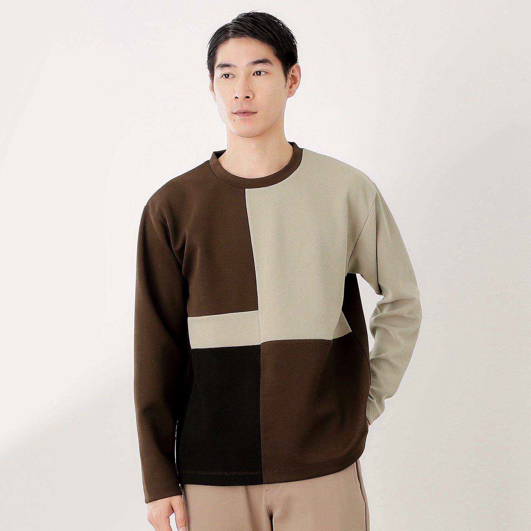 THE SHOP TK「【一枚で着映える】パターンブロッキング長袖Tシャツ 洗濯機OK」|Tシャツ・カットソー|ブラウン(043)