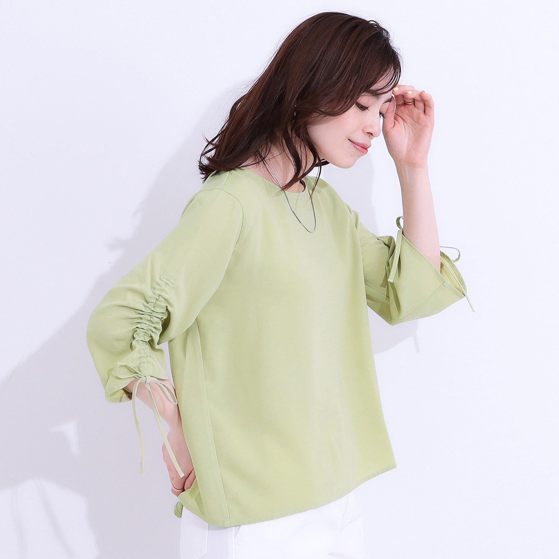 SHOO･LA･RUE「【高レビュー/セットアップ可】お袖シャーリング 麻調ブラウス」|シャツ・ブラウス|