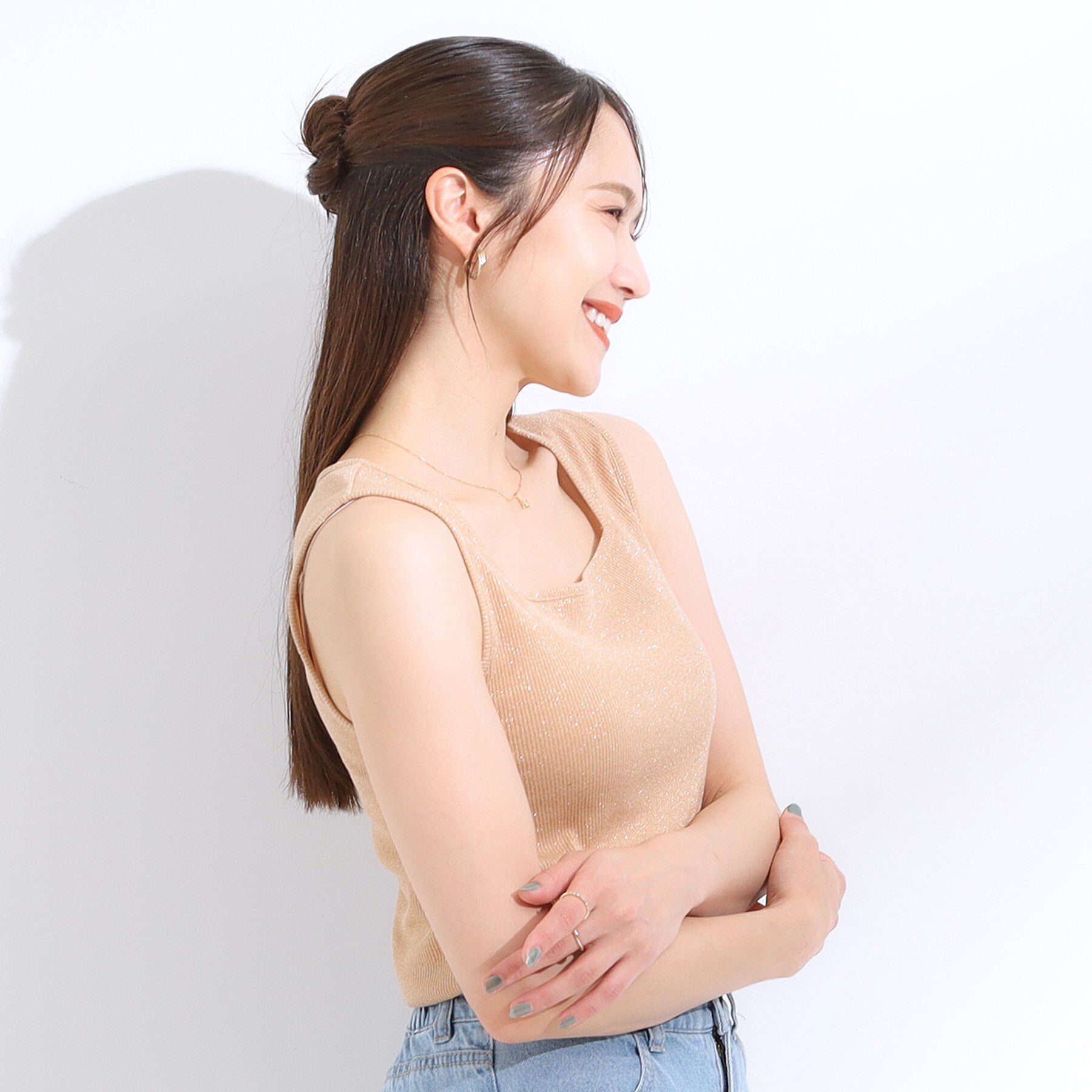 SHOO･LA･RUE「【S-LL】デコルテラインをきれいに魅せる ラメテレコタンクトップ」|キャミソール|