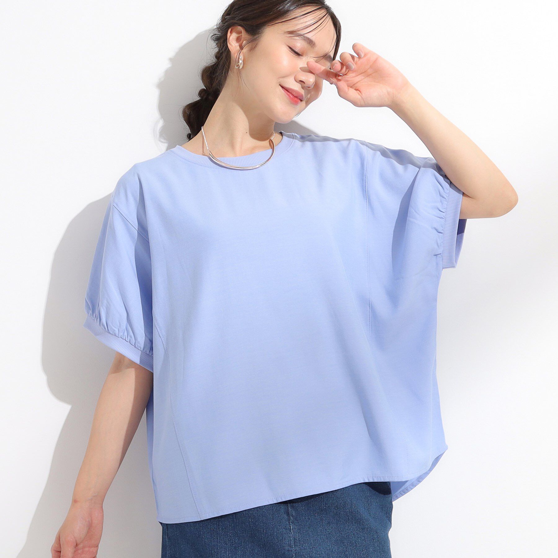 SHOO･LA･RUE「【ひんやり/洗濯後しわになりにくい】リブ切り替えドルマンブラウス」|シャツ・ブラウス|ブルー(092)