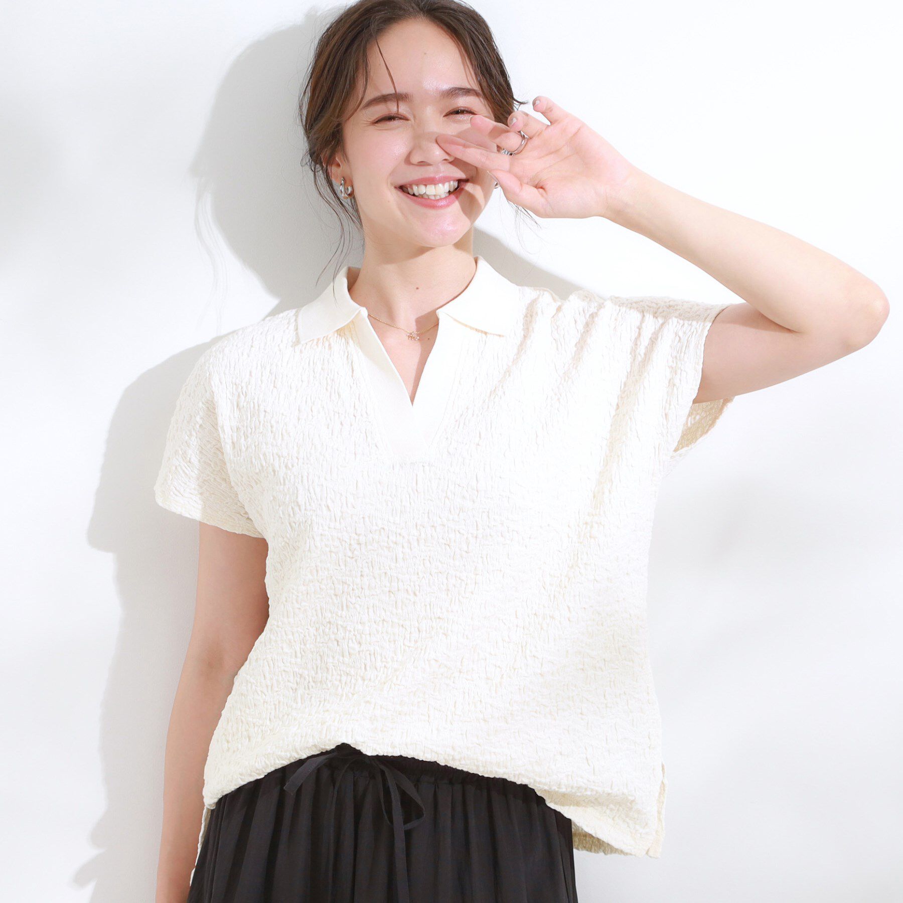 SHOO･LA･RUE「【S-LL】一枚で着映え フレンチスリーブ ポロスキッパートップス」|Tシャツ・カットソー|オフホワイト(003