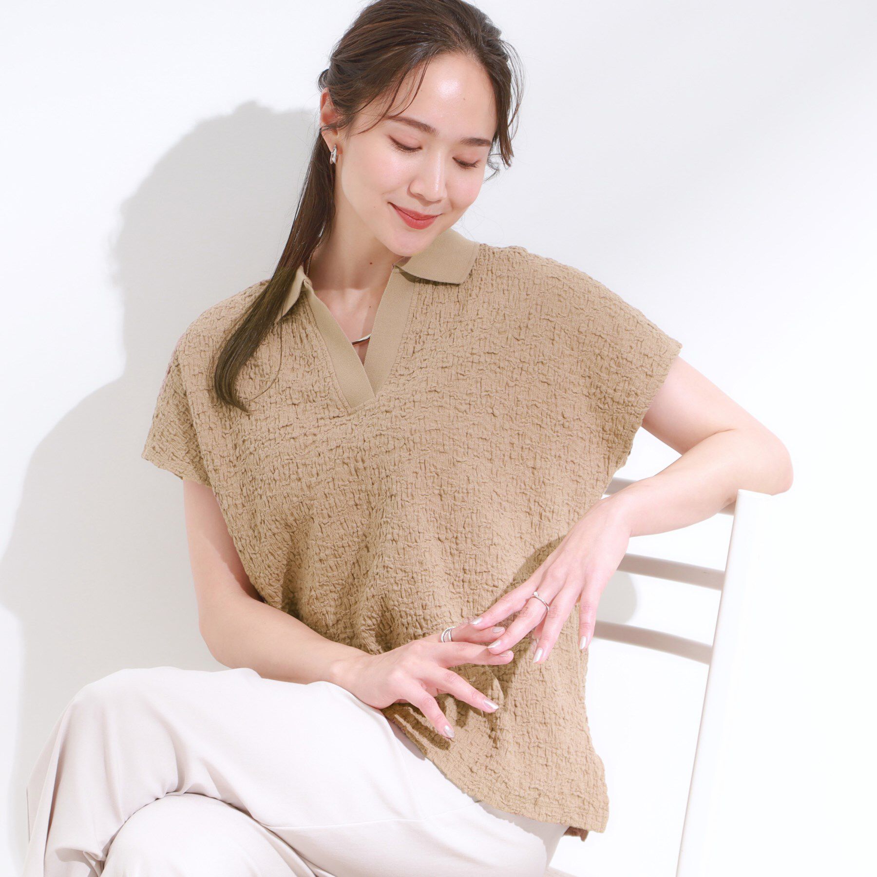 SHOO･LA･RUE「【S-LL】一枚で着映え フレンチスリーブ ポロスキッパートップス」|Tシャツ・カットソー|モカブラウン(042