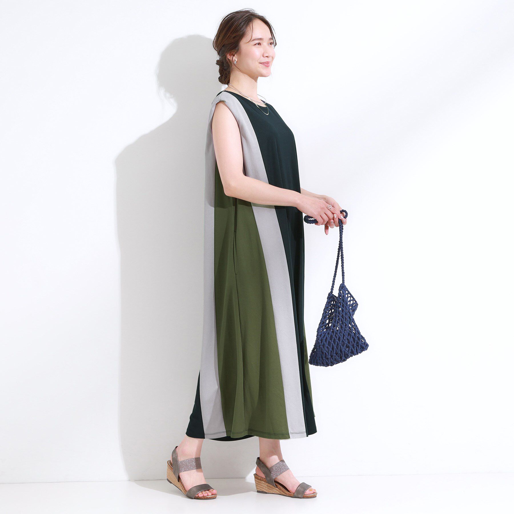 SHOO･LA･RUE「【S-LL/ひんやり】全身すっきり見えが楽に叶う サイド切替 バイカラーAラインワンピース」|ワンピース|