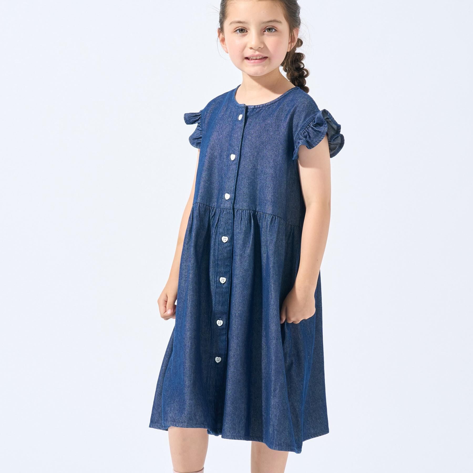 SHOO･LA･RUE「【100-150cm/ひんやり】ハートボタンデニムワンピース」|ワンピース|ブルー(093)