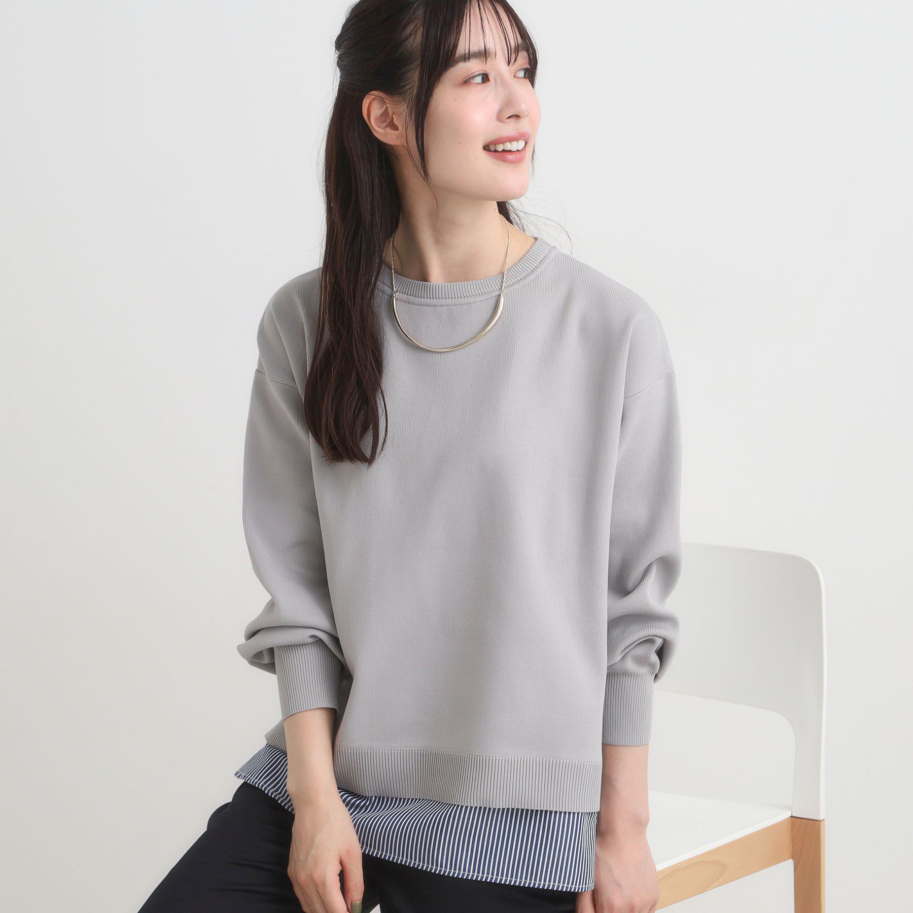 SHOO･LA･RUE「【S-LL/洗える】一枚で簡単こなれ見え スポンディッシュ 裾レイヤード風ニット【CIRCRIC】」|ニット・セーター|グレー(012)