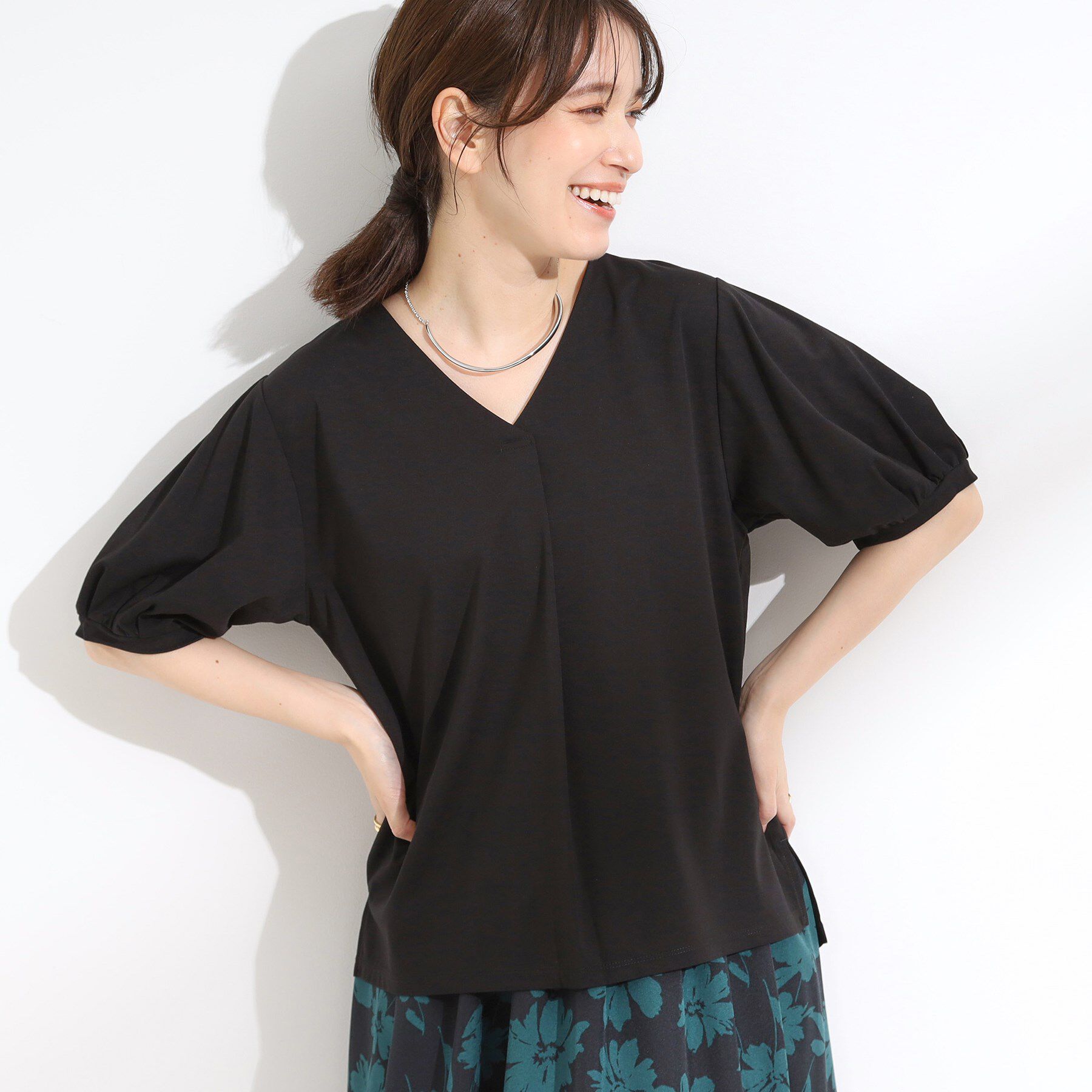 SHOO･LA･RUE「【S-LL/ひんやり/UV】女性らしい印象に スキッパートップス」|Tシャツ・カットソー|ブラック(019)