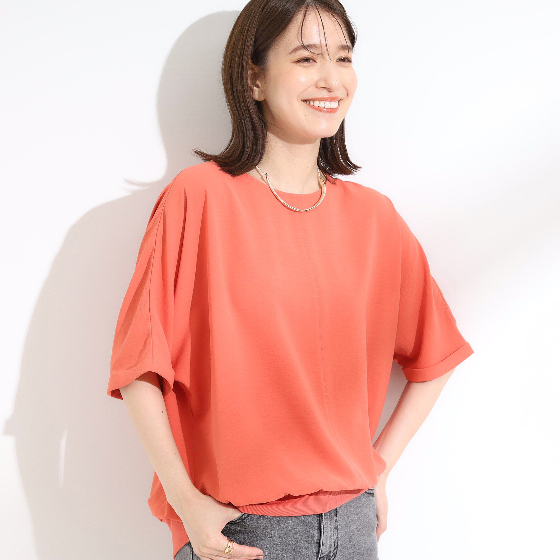 SHOO･LA･RUE「【洗濯後しわになりにくい】さらっとタッチの 5分袖ドルマンブラウス」|シャツ・ブラウス|オレンジ(067)