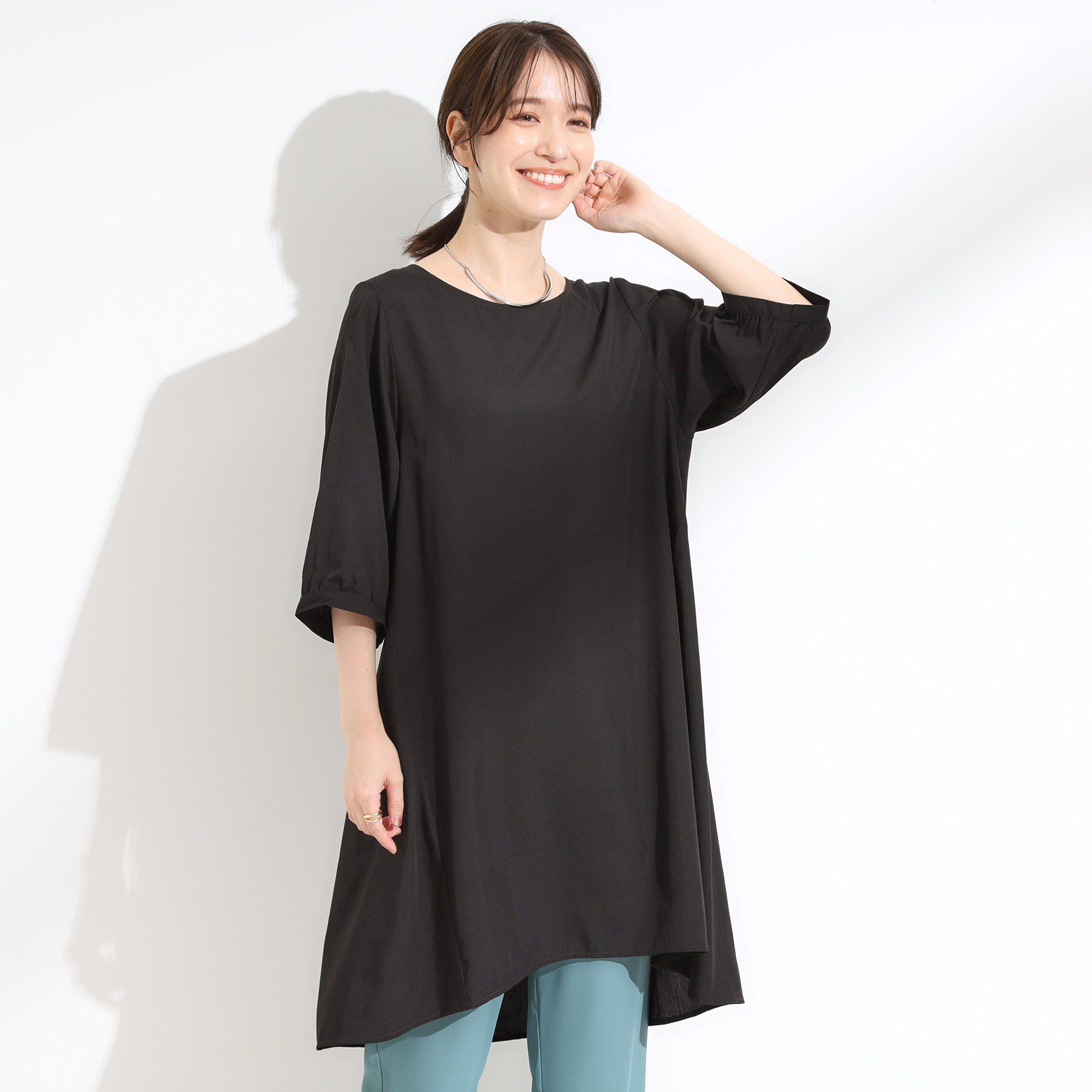 SHOO･LA･RUE「【S-LL/洗濯後しわになりにくい/UV/6分袖】コットン風 Aラインチュニックワンピース」|チュニック|