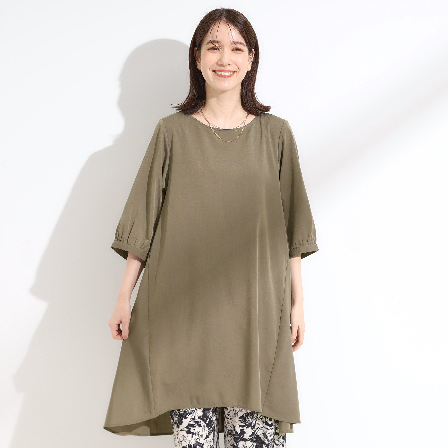 SHOO･LA･RUE「【S-LL/洗濯後しわになりにくい/UV/6分袖】コットン風 Aラインチュニックワンピース」|チュニック|