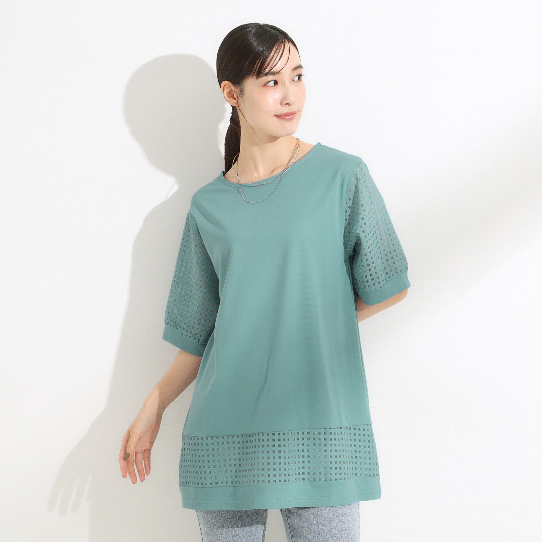 SHOO･LA･RUE「【ひんやり/S-LL/洗える】シアーチェックが涼やか 5分袖チュニック」|チュニック|