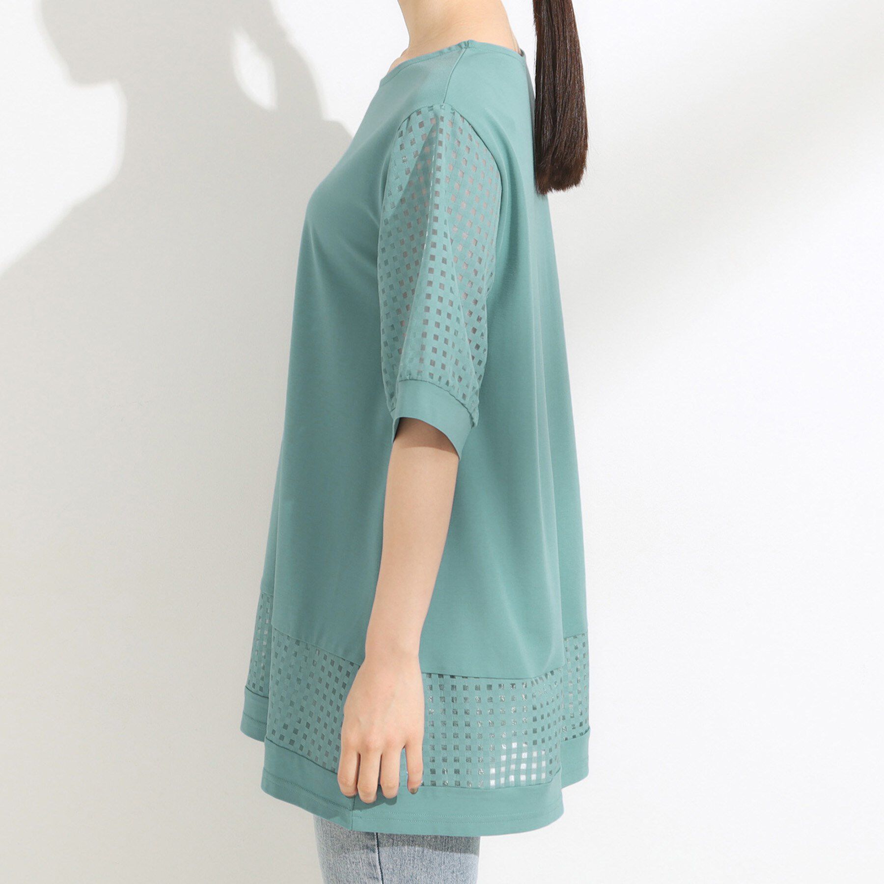 SHOO･LA･RUE「【ひんやり/S-LL/洗える】シアーチェックが涼やか 5分袖チュニック」|チュニック|