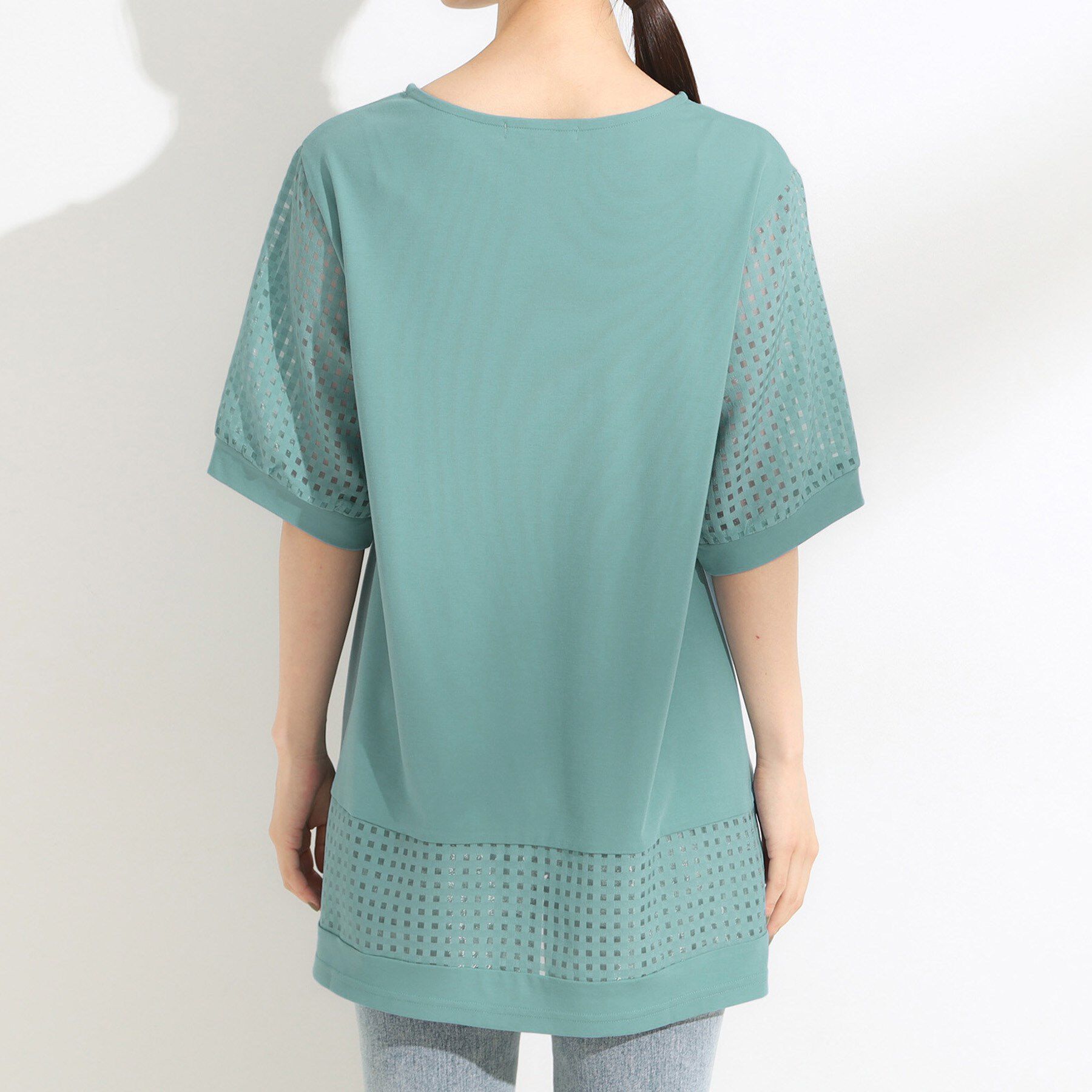 SHOO･LA･RUE「【ひんやり/S-LL/洗える】シアーチェックが涼やか 5分袖チュニック」|チュニック|