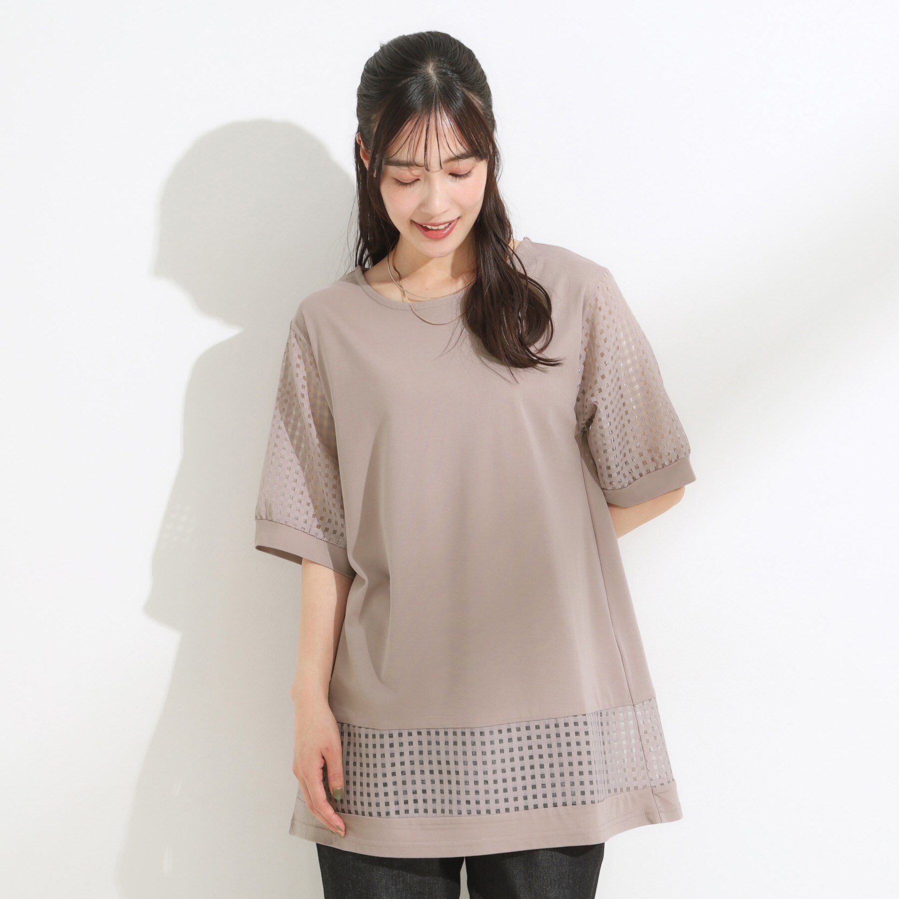 SHOO･LA･RUE「【ひんやり/S-LL/洗える】シアーチェックが涼やか 5分袖チュニック」|チュニック|