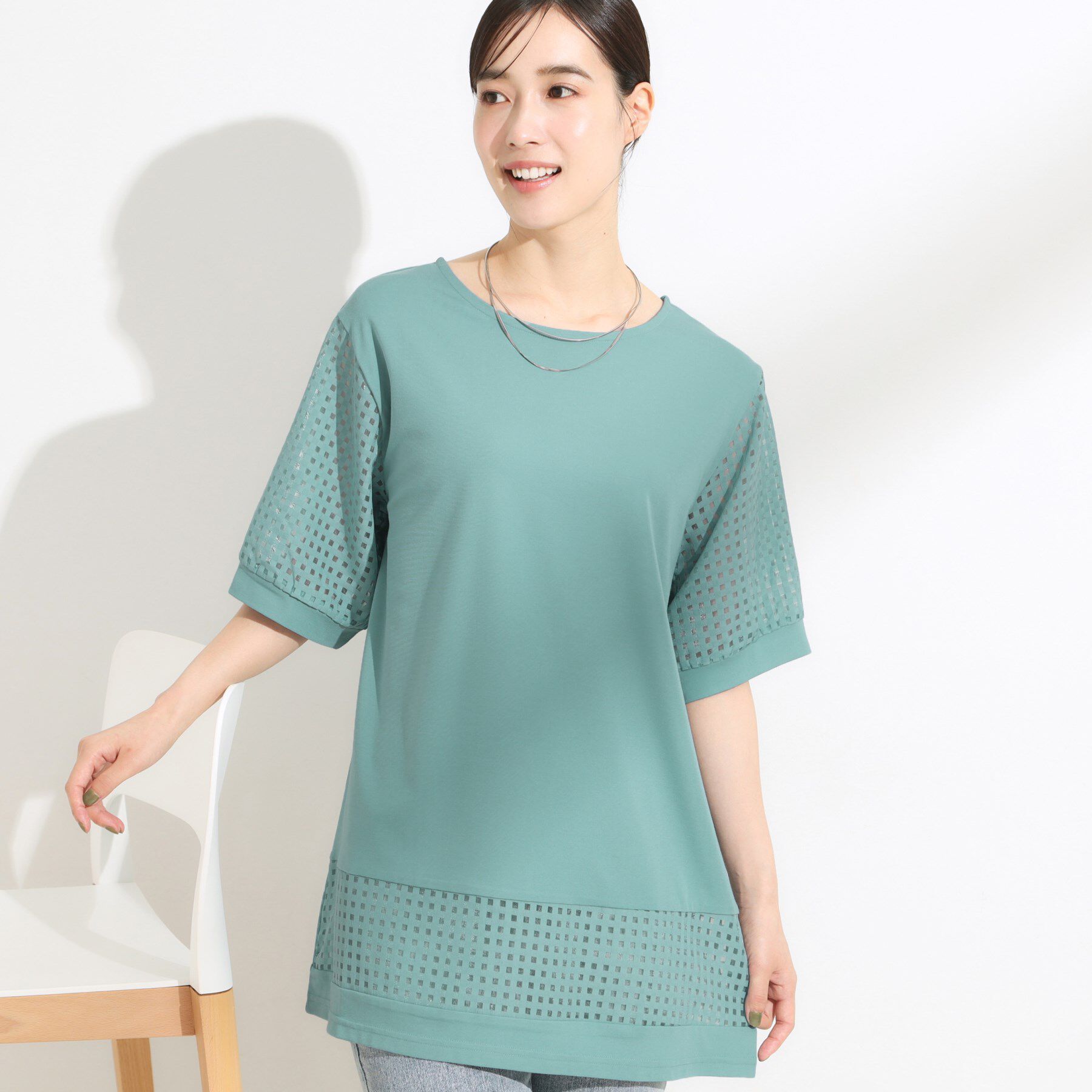 SHOO･LA･RUE「【ひんやり/S-LL/洗える】シアーチェックが涼やか 5分袖チュニック」|チュニック|ブルー(091)