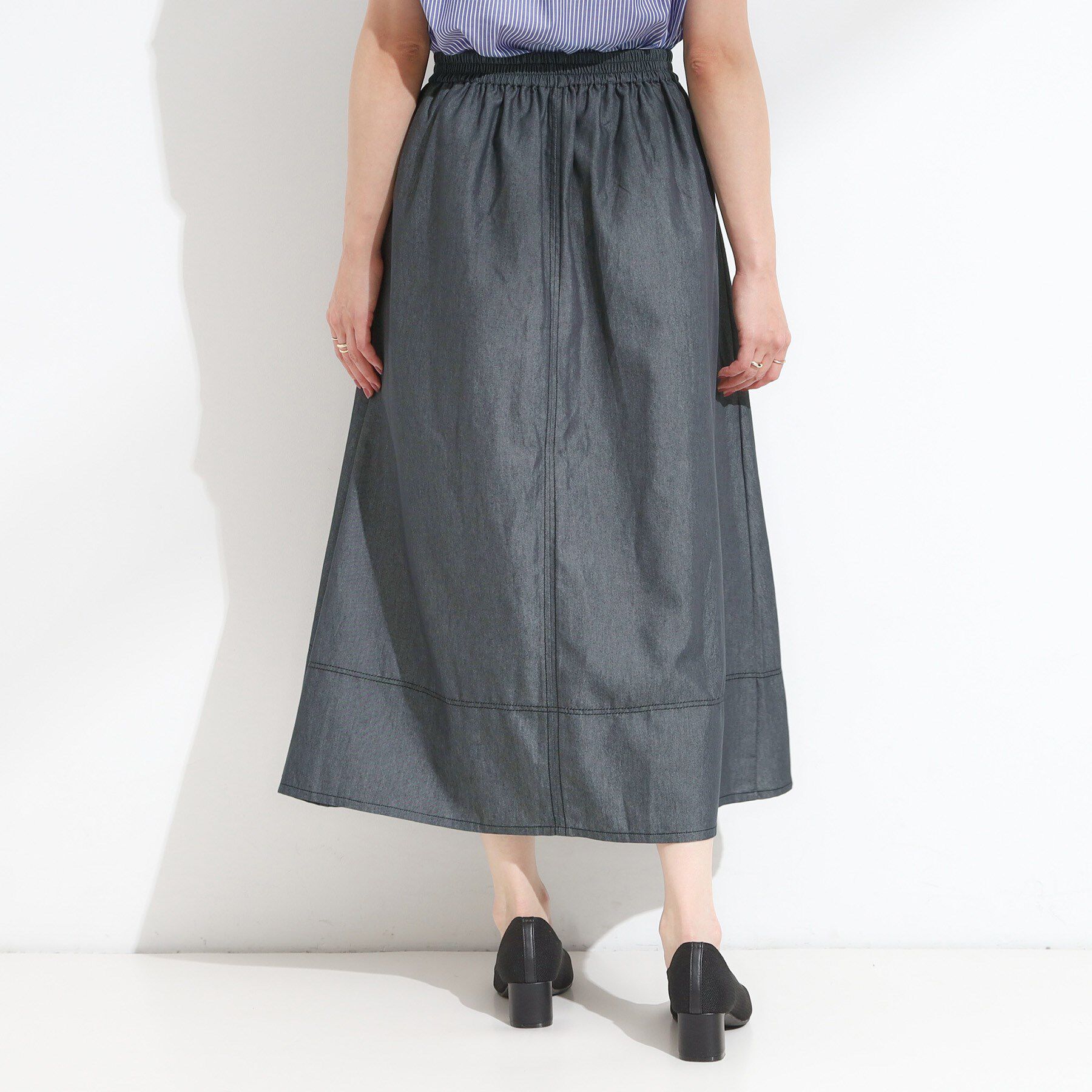 SHOO･LA･RUE「【S-LL】配色ステッチがアクセント デニムフレアスカート」|スカート|