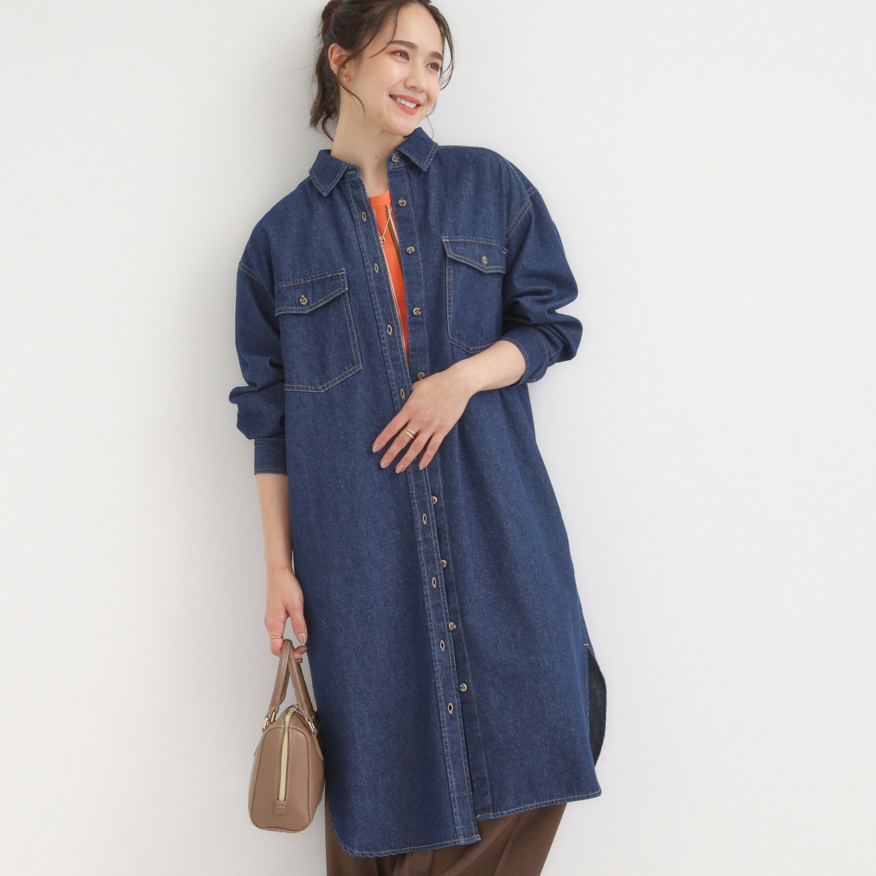 SHOO･LA･RUE「【S-LL】ロングシーズン活躍 デニムシャツワンピース」|ワンピース|ネイビー(094)