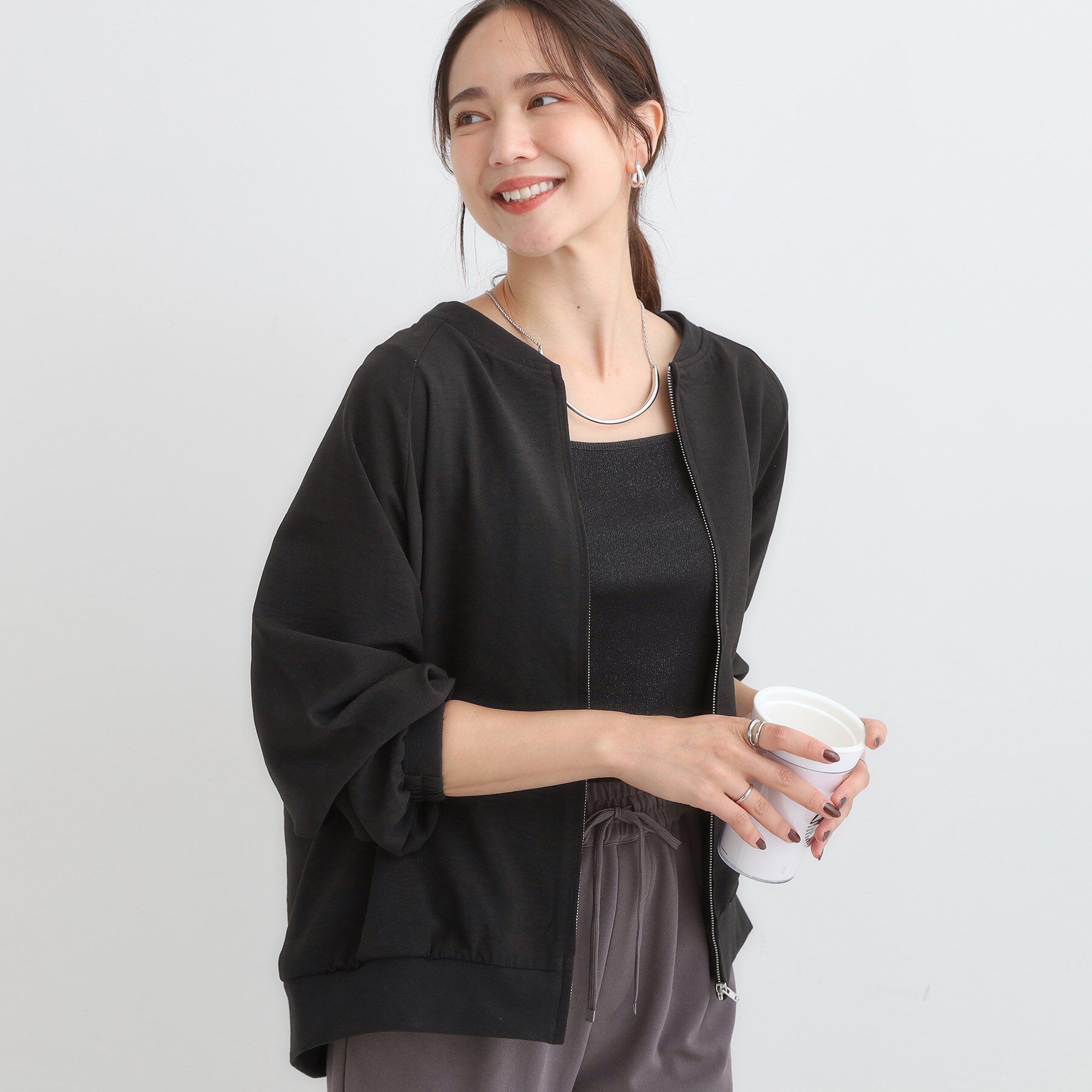 SHOO･LA･RUE「【洗濯機可/S-LL】さっと羽織れる 軽量リブブルゾン」|ブルゾン・スタジャン|ブラック(019)