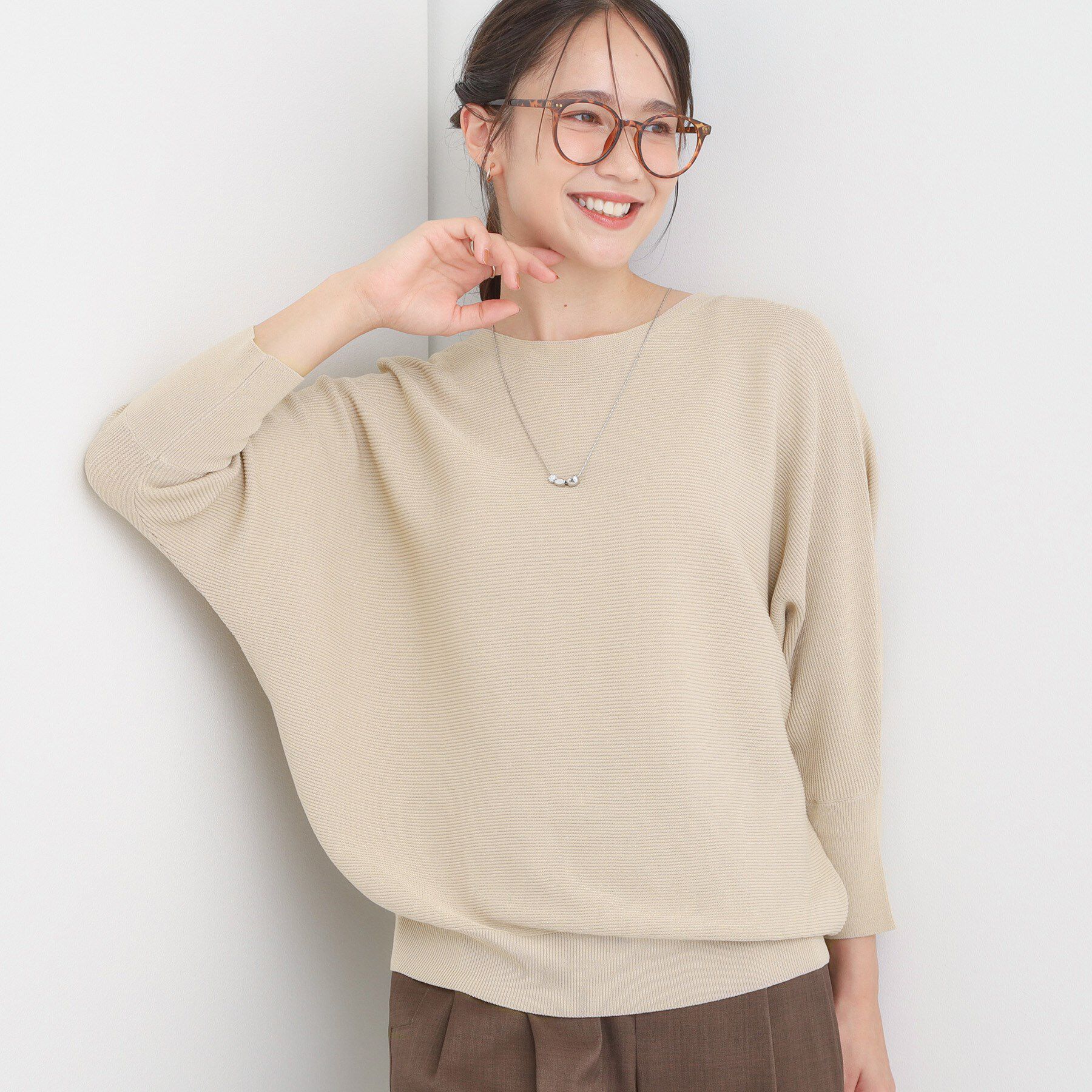 SHOO･LA･RUE「【洗える/毛玉になりにくい/UV】 ガータードルマン 7分袖ニット」|ニット・セーター|ベージュ(052)