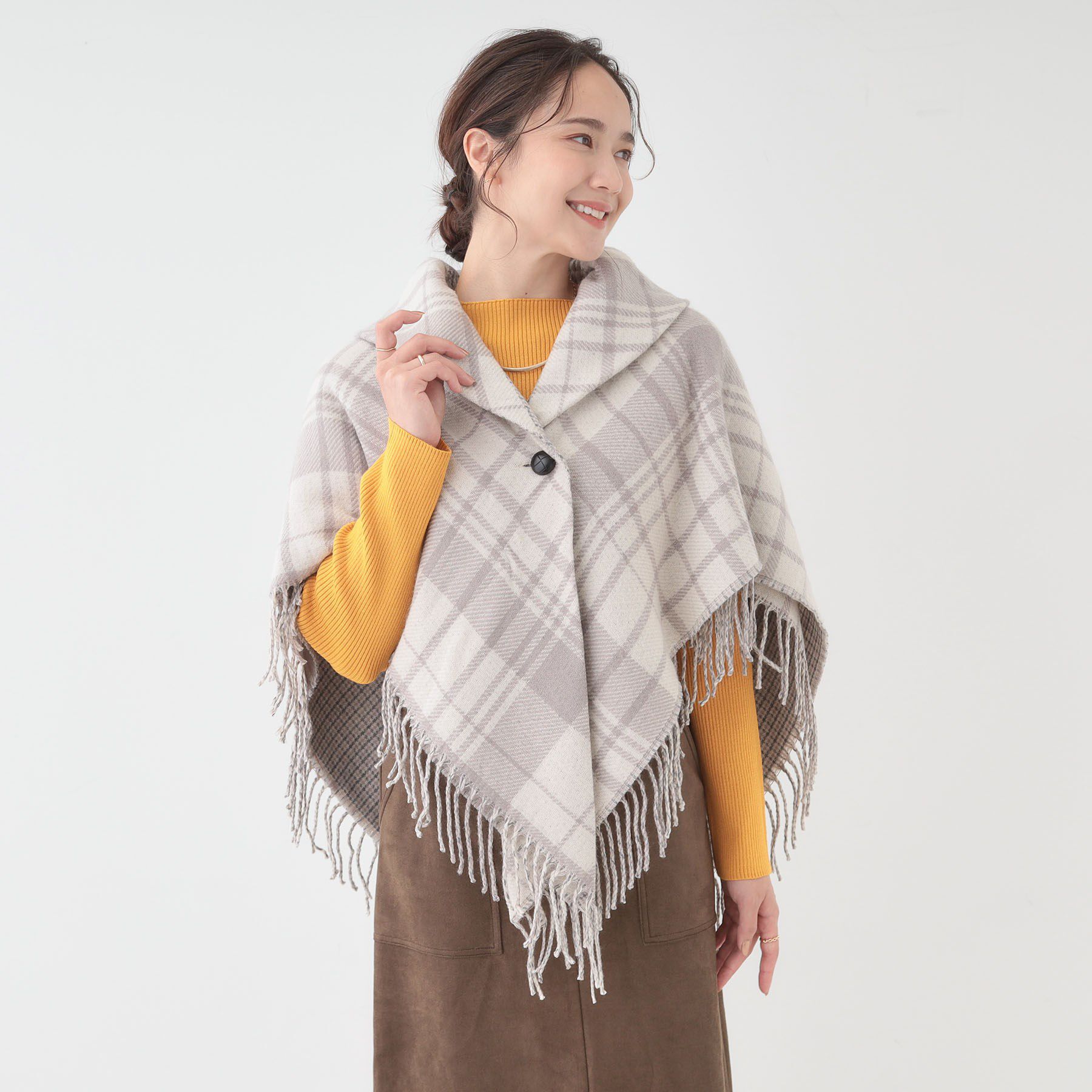 SHOO･LA･RUE「【リバーシブル】襟元ギャザー チェックポンチョ」|ポンチョ・ケープ|