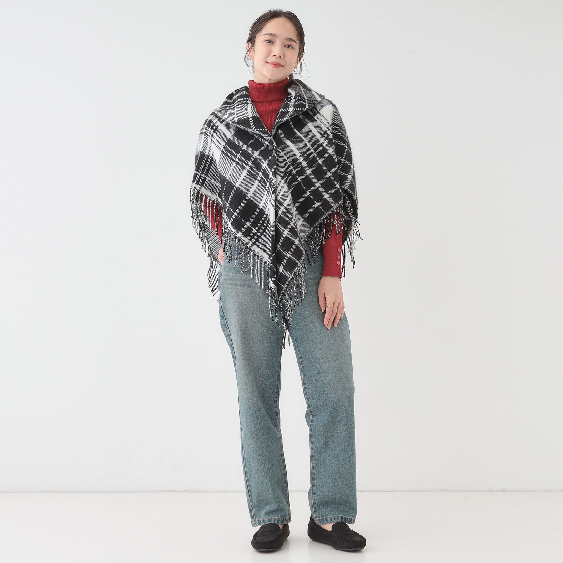 SHOO･LA･RUE「【リバーシブル】襟元ギャザー チェックポンチョ」|ポンチョ・ケープ|