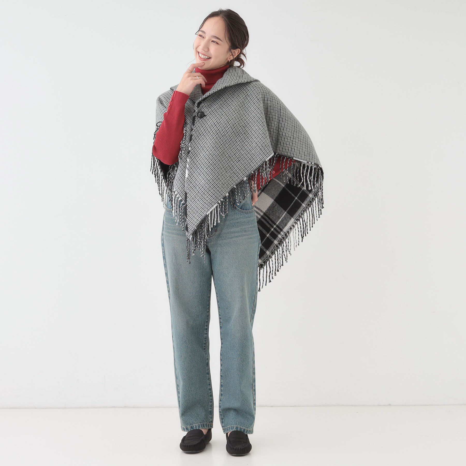 SHOO･LA･RUE「【リバーシブル】襟元ギャザー チェックポンチョ」|ポンチョ・ケープ|