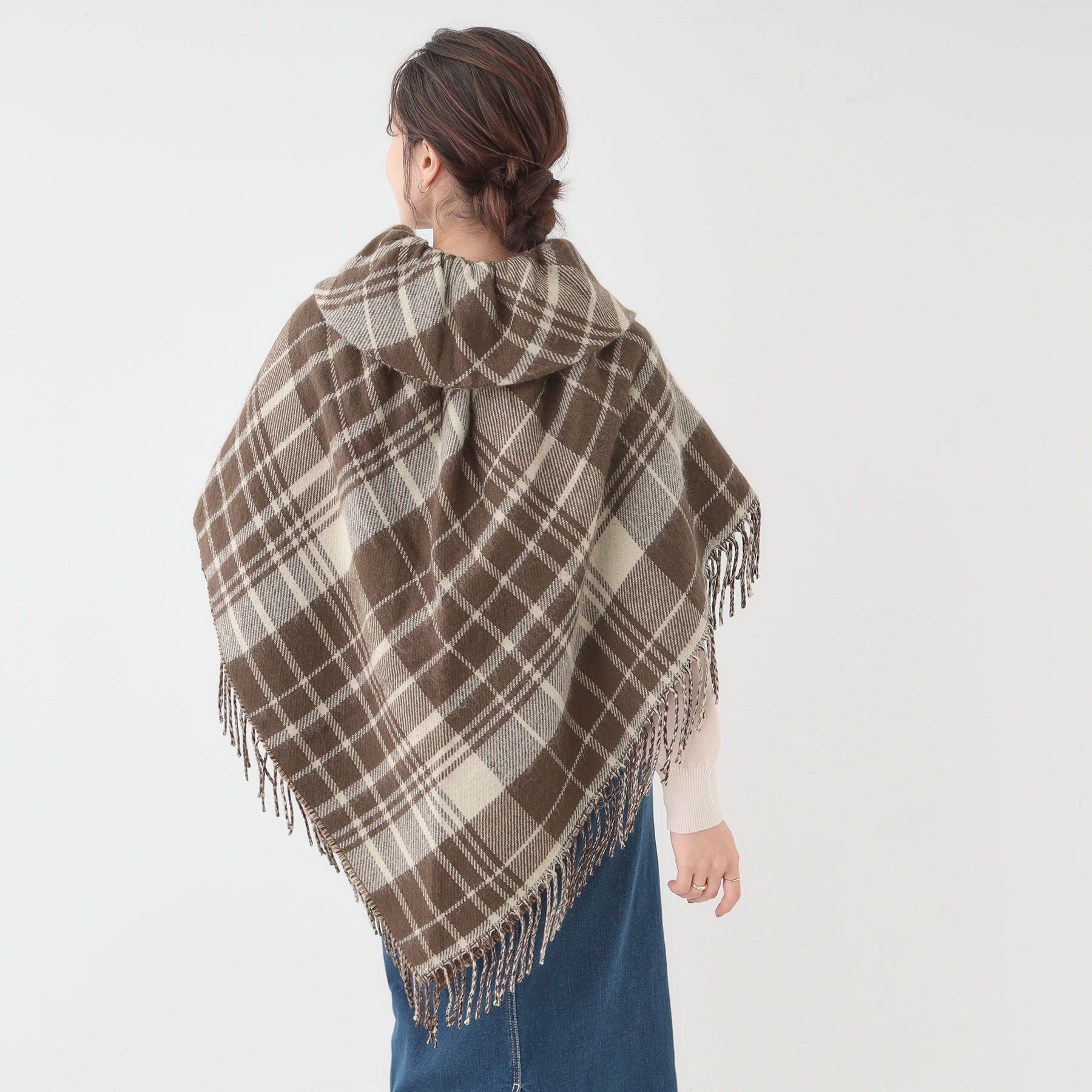 SHOO･LA･RUE「【リバーシブル】襟元ギャザー チェックポンチョ」|ポンチョ・ケープ|