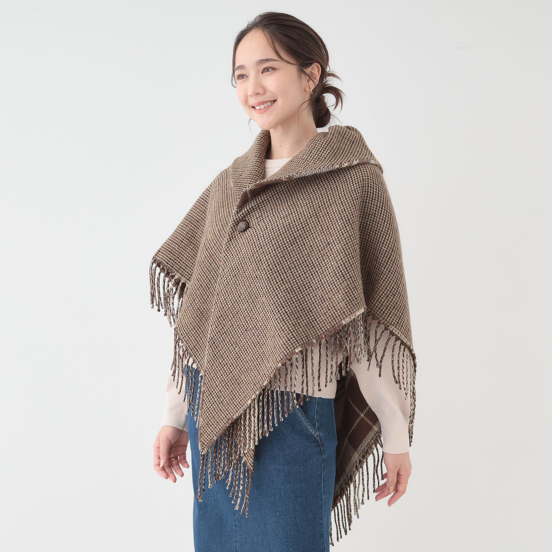 SHOO･LA･RUE「【リバーシブル】襟元ギャザー チェックポンチョ」|ポンチョ・ケープ|