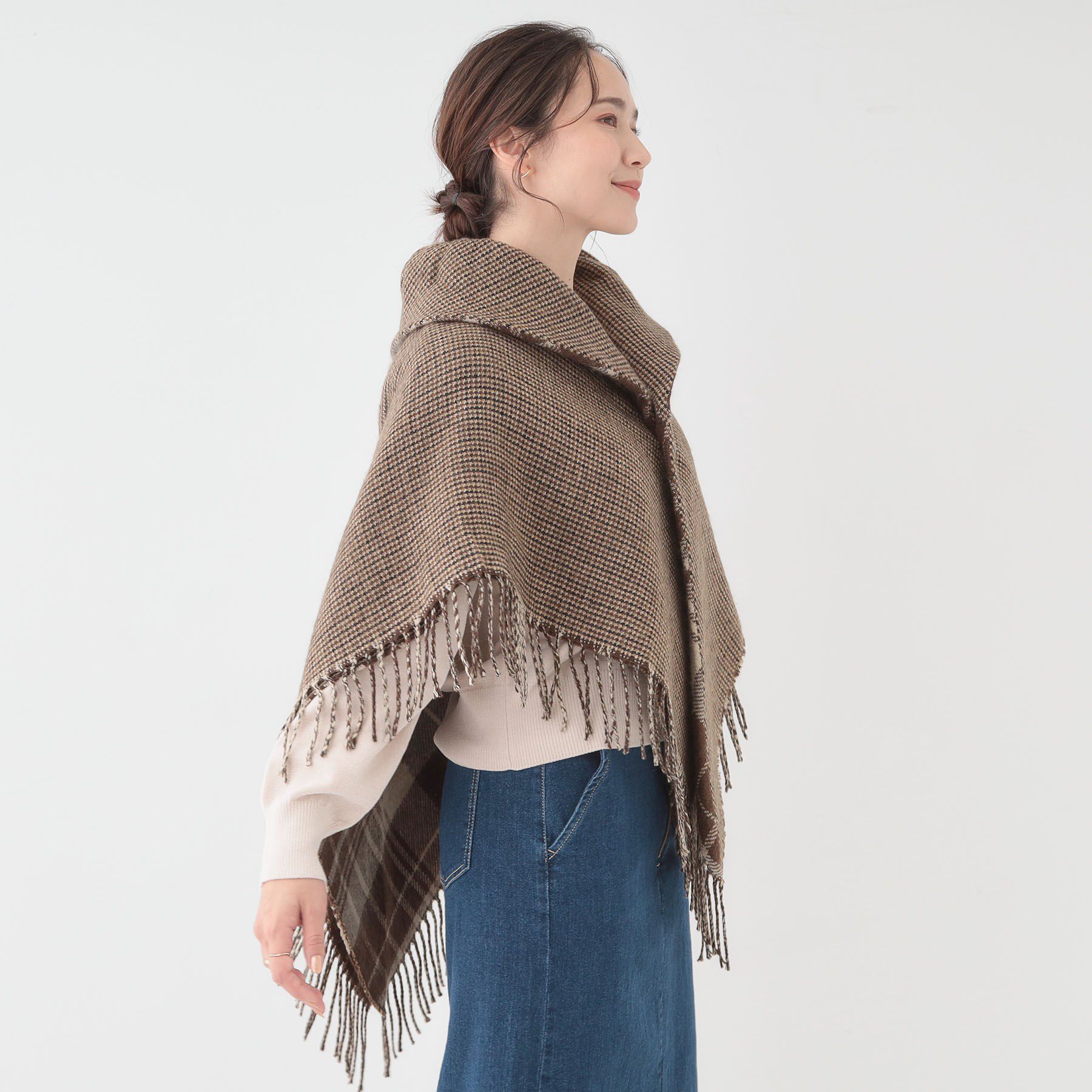 SHOO･LA･RUE「【リバーシブル】襟元ギャザー チェックポンチョ」|ポンチョ・ケープ|