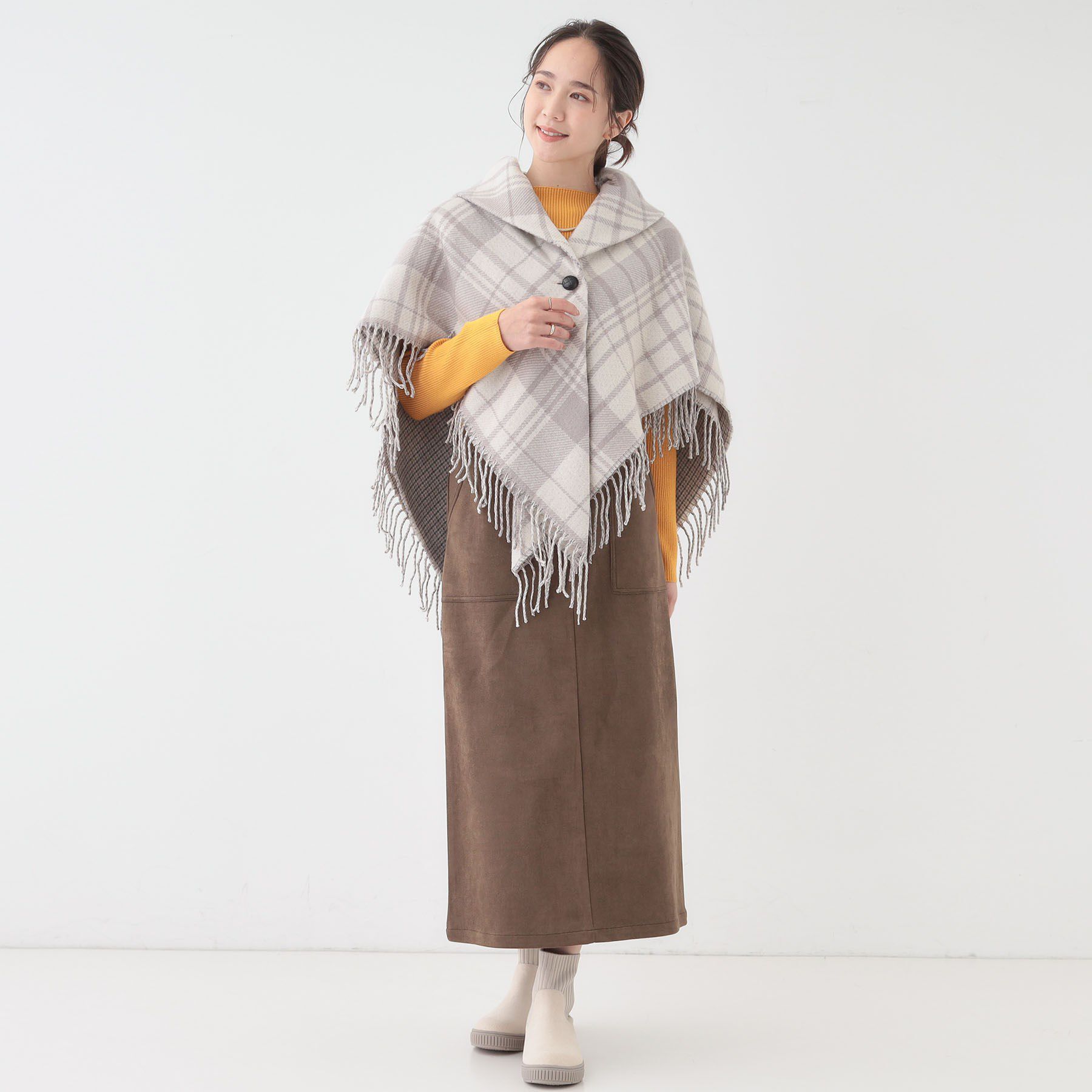 SHOO･LA･RUE「【リバーシブル】襟元ギャザー チェックポンチョ」|ポンチョ・ケープ|