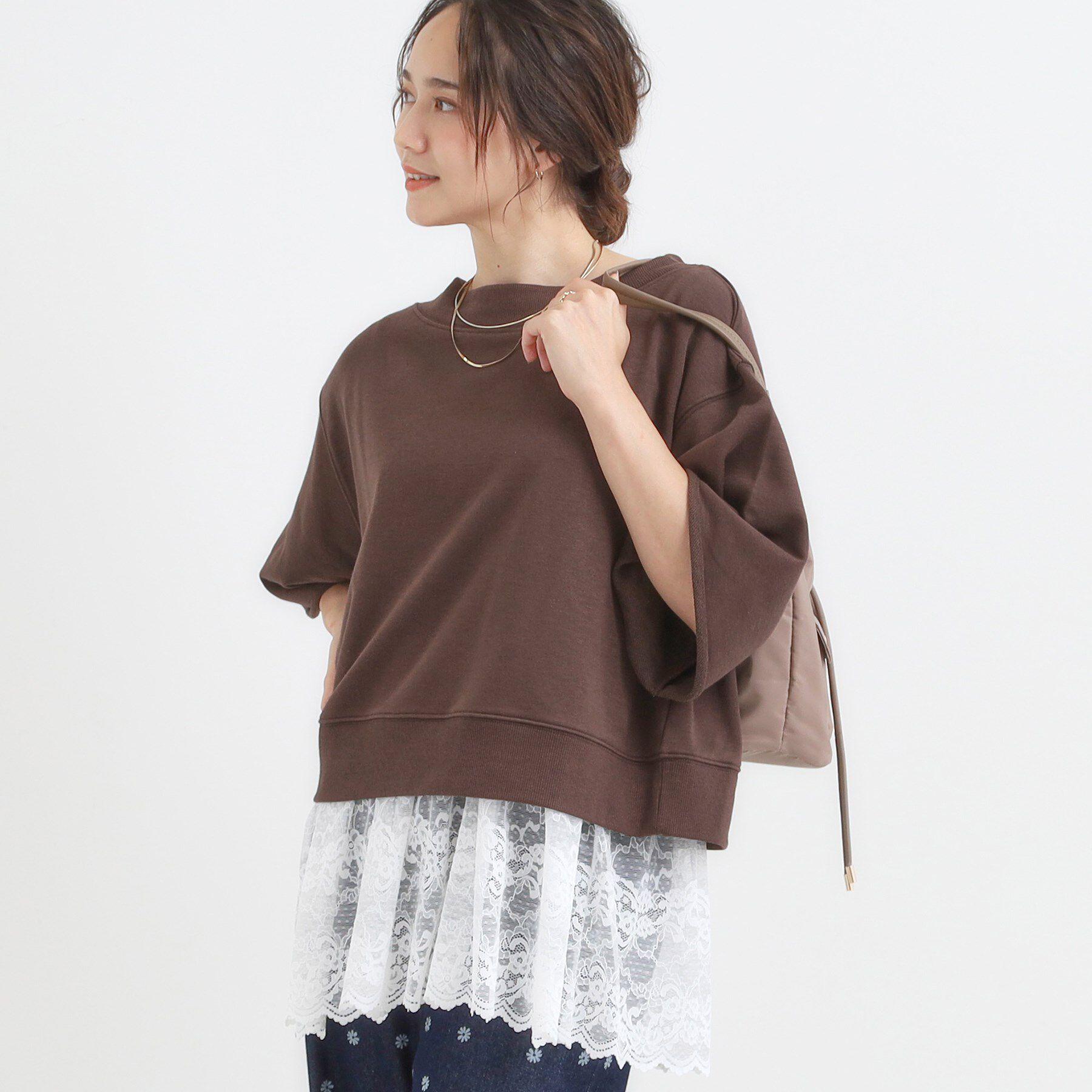 SHOO･LA･RUE「【2点セット】ハーフスリーブミニ裏毛プルオーバー＆レースタンクトップSET」|その他|ブラウン(043)