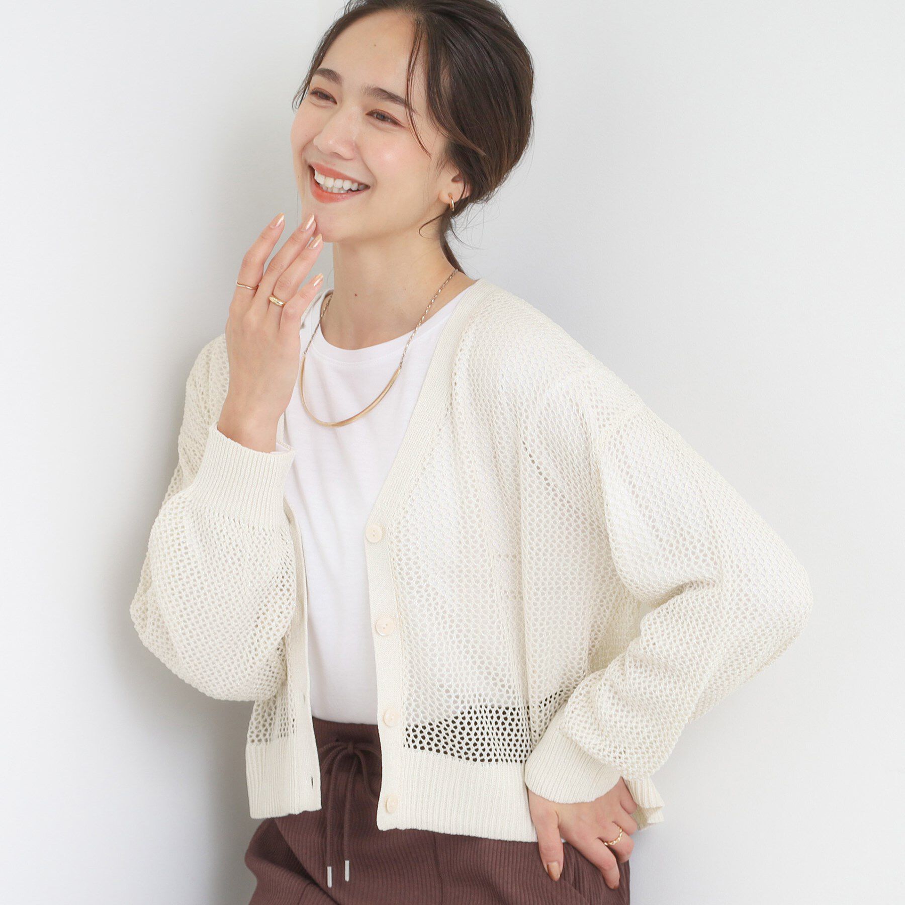 SHOO･LA･RUE「【2点セット】ラメメッシュニットカーディガン＋ロンTセット」|カーディガン|オフホワイト(003