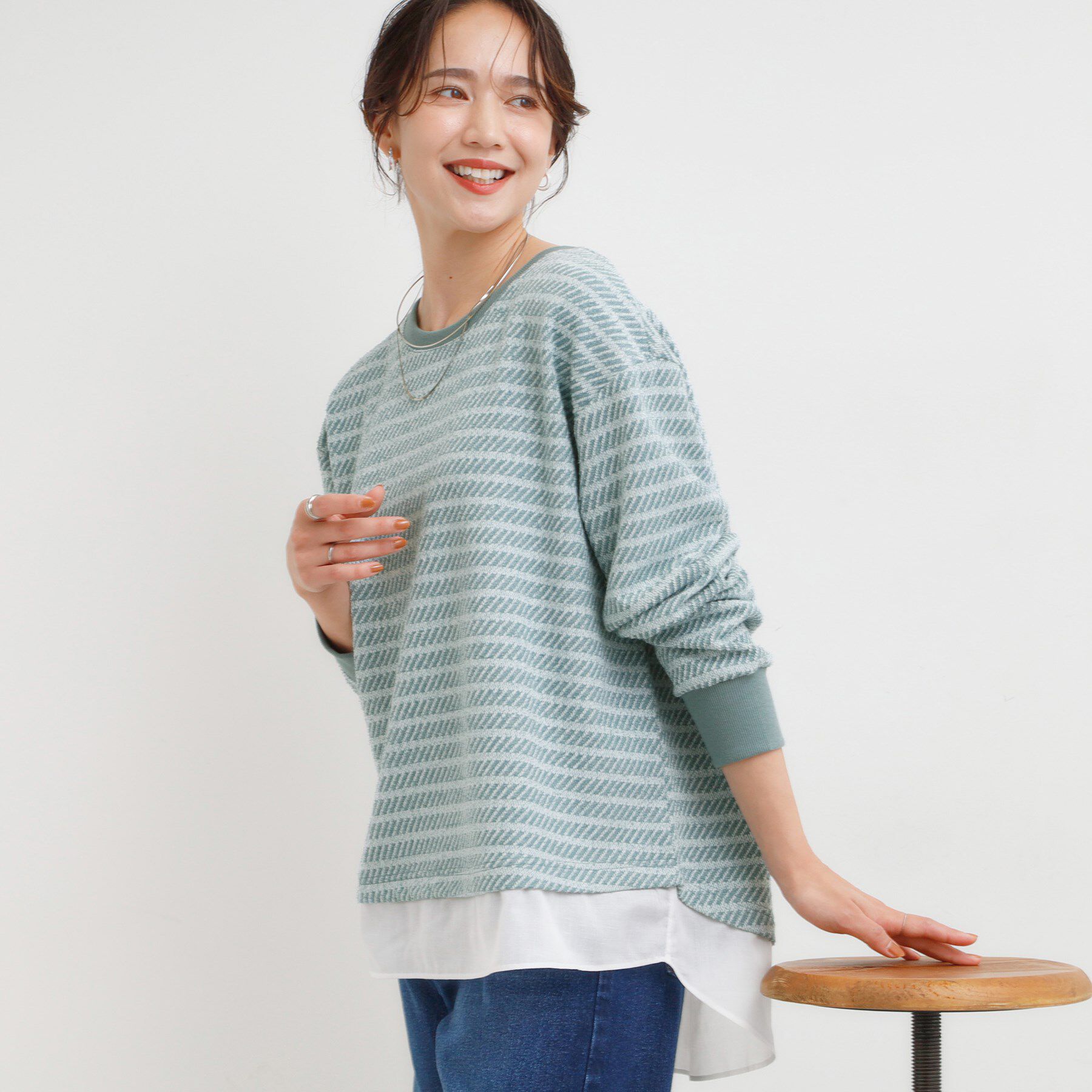 SHOO･LA･RUE「ジャカード裾フェイク」|Tシャツ・カットソー|グリーン(024)