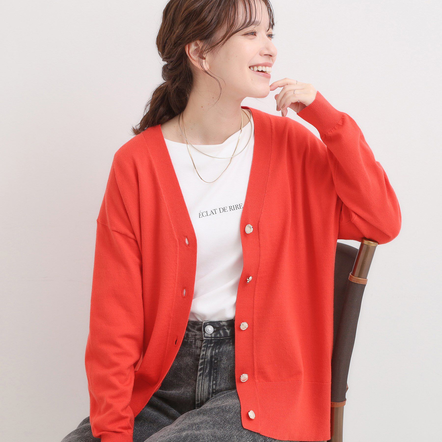 SHOO･LA･RUE「【洗える】もちもち ミドル丈ニットカーディガン」|カーディガン|オレンジ(067)