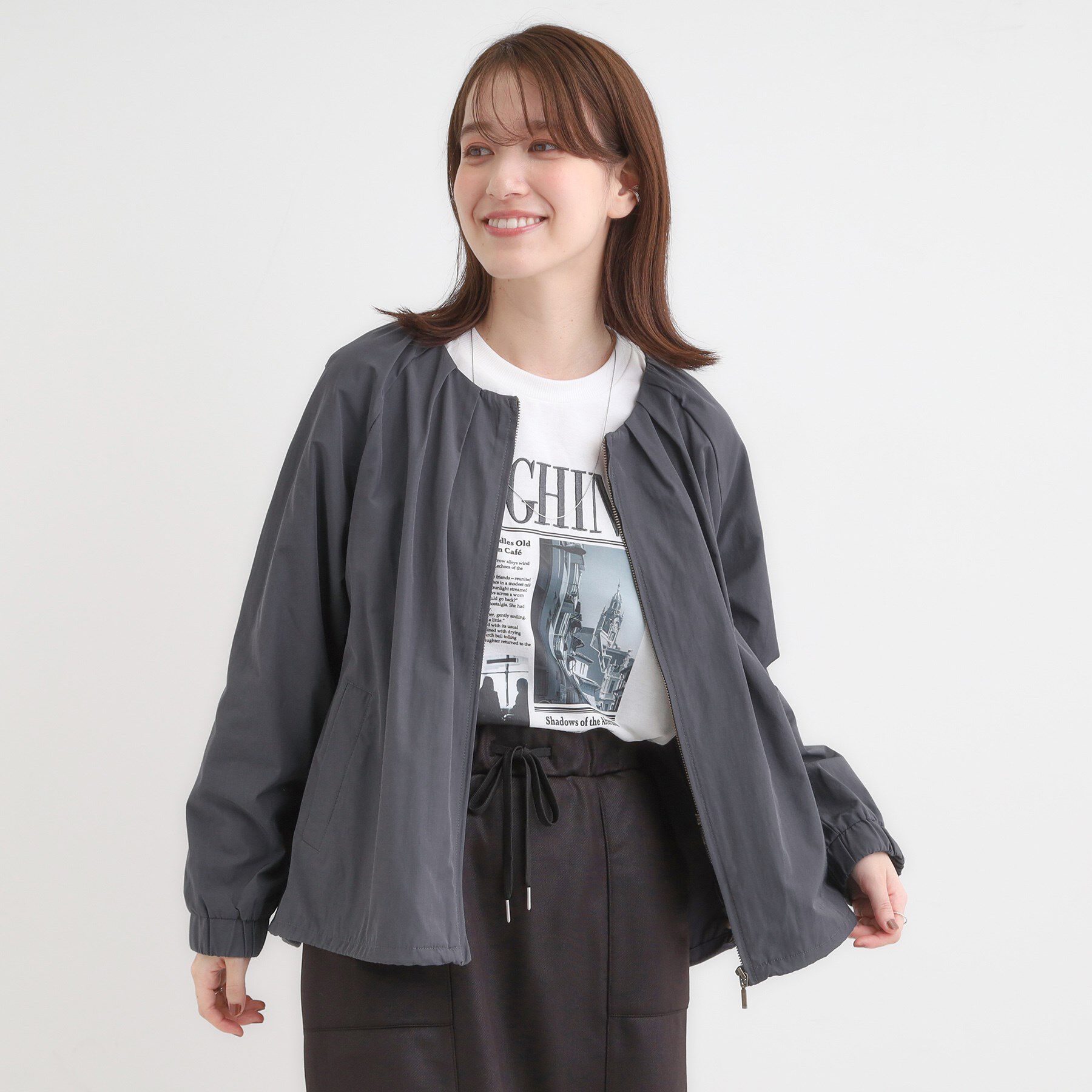 SHOO･LA･RUE「【S-LL】タック使いがこなれ見え ノーカラーブルゾン」|ブルゾン・スタジャン|