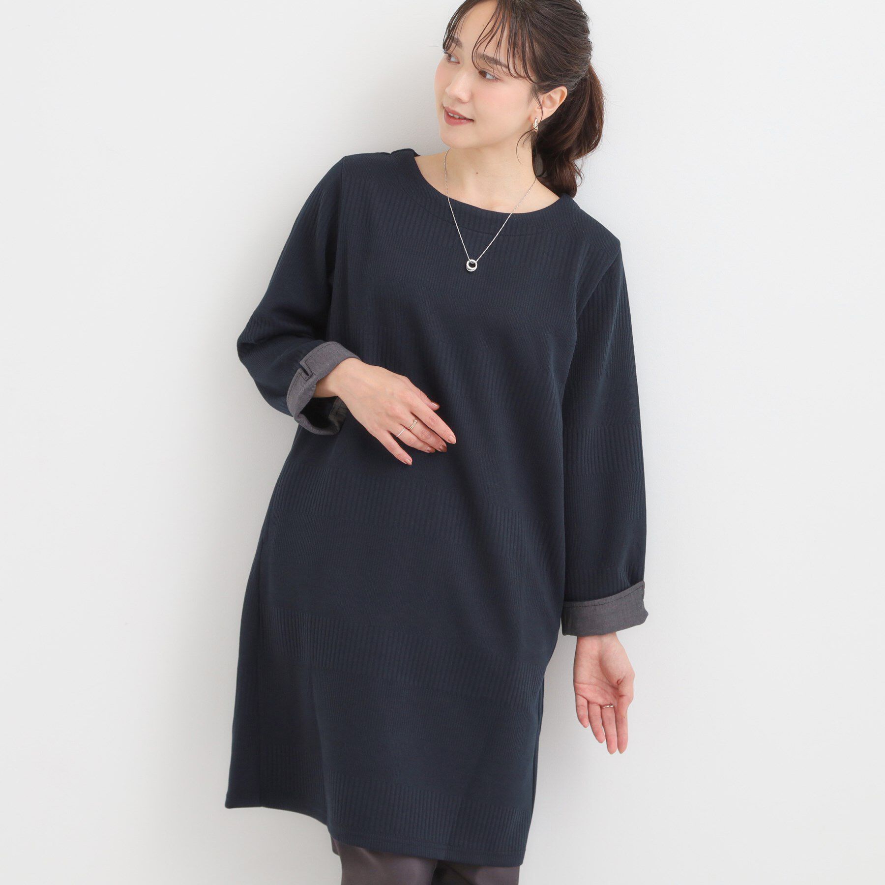 SHOO･LA･RUE「身体のラインをきれいにカバー Aラインチュニックワンピース」|チュニック|ネイビー(094)